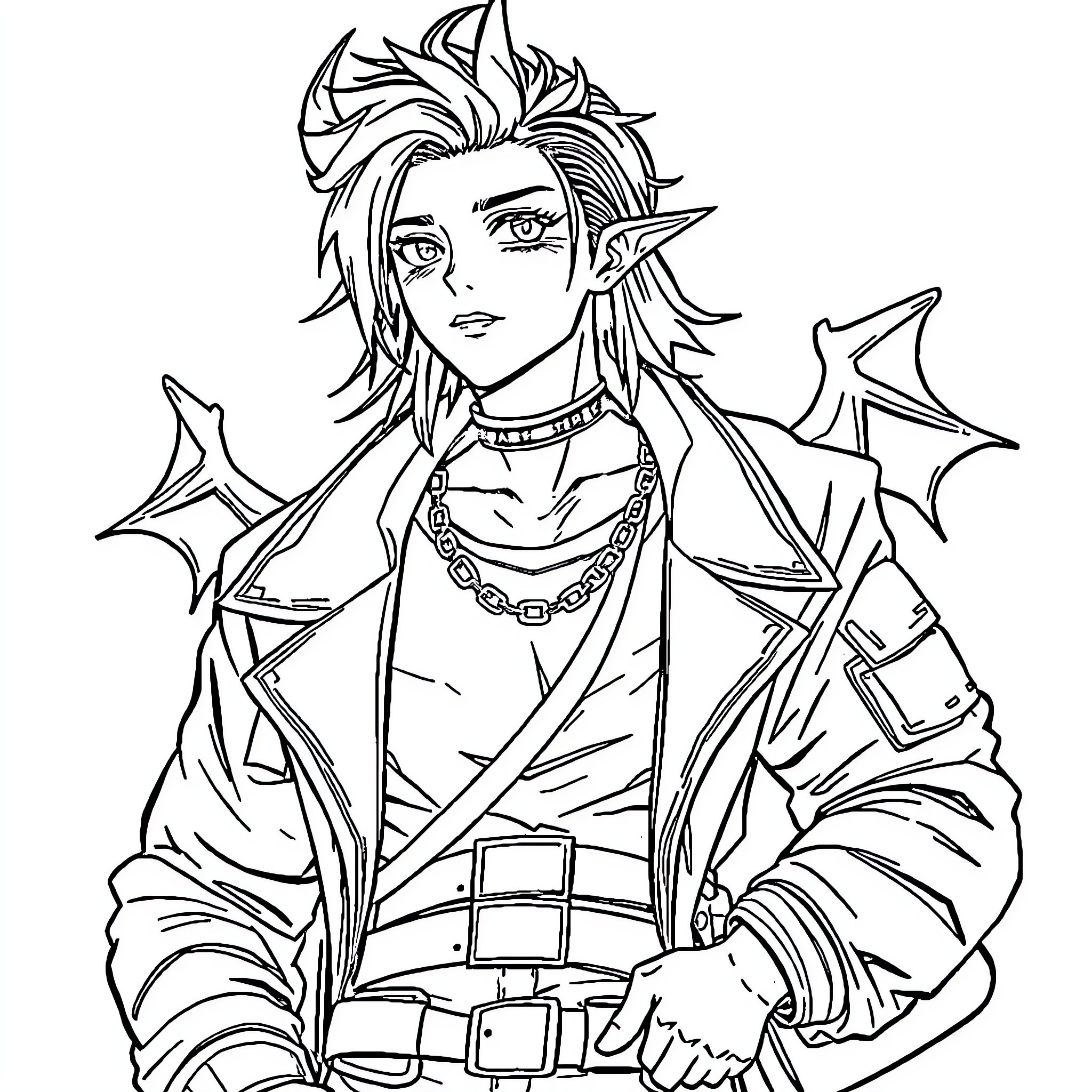 Hunter with Fierce Expression and Unusual Outfit Coloring Page (free black-and-white line drawing printable PDF for all, from beginners to advanced learners, including children, teens, adults, and seniors)