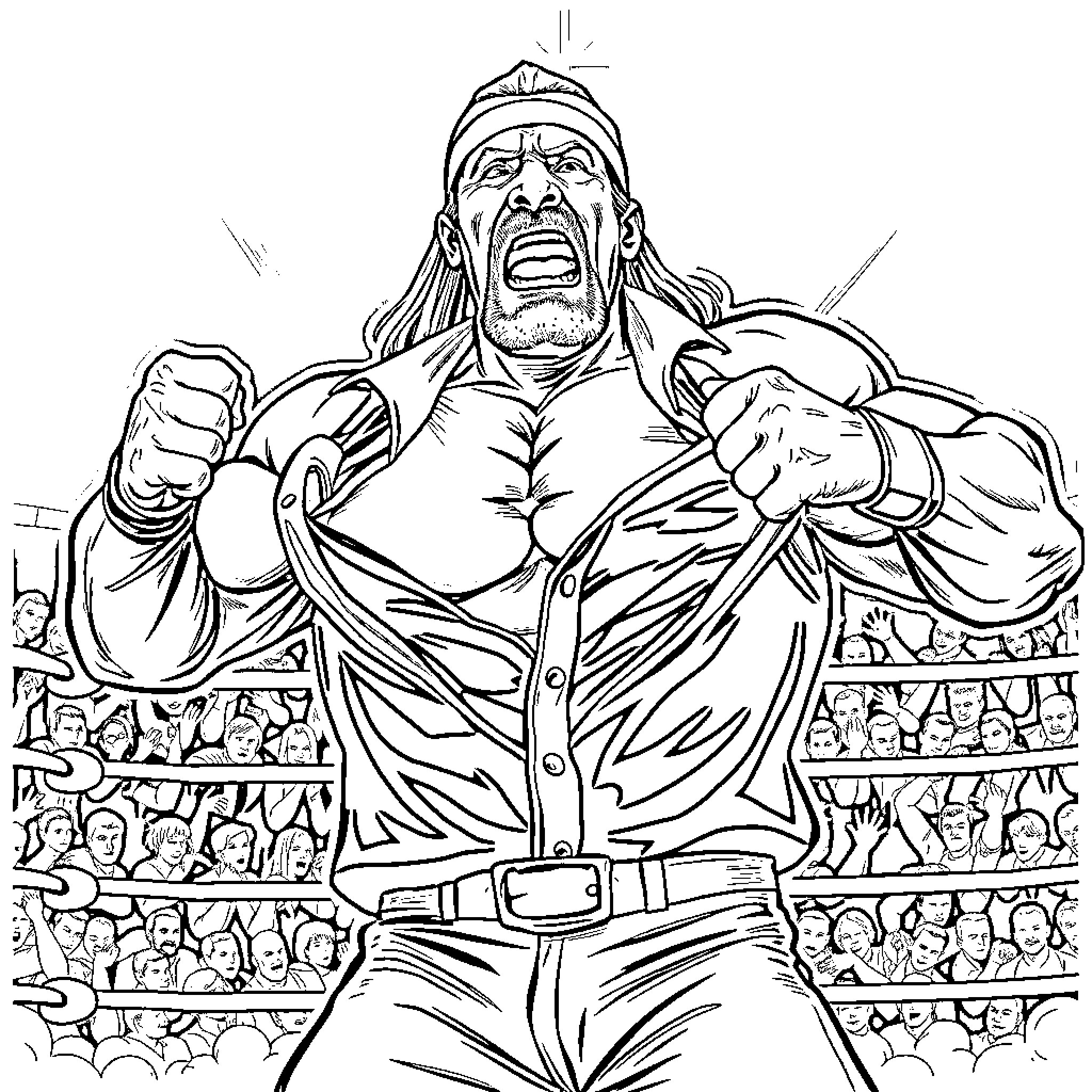 Hulk Hogan Unleashed in Dramatic Pro Wrestling Performance Coloring Page (free black-and-white line drawing printable PDF for all, from beginners to advanced learners, including children, teens, adults, and seniors)