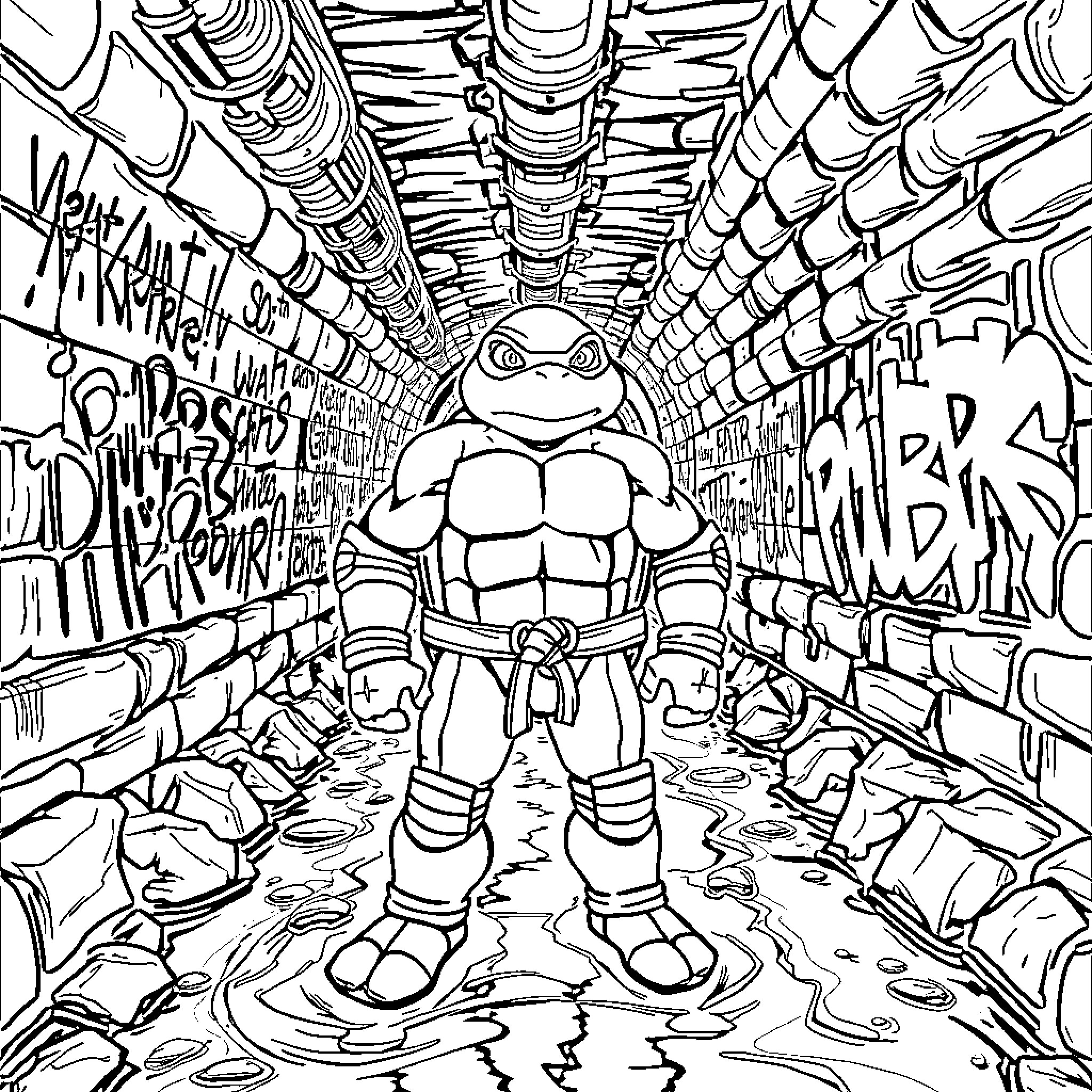 Turtle in a Graffiti-Filled Tunnel Coloring Page (free black-and-white line drawing printable PDF for all, from beginners to advanced learners, including children, teens, adults, and seniors)