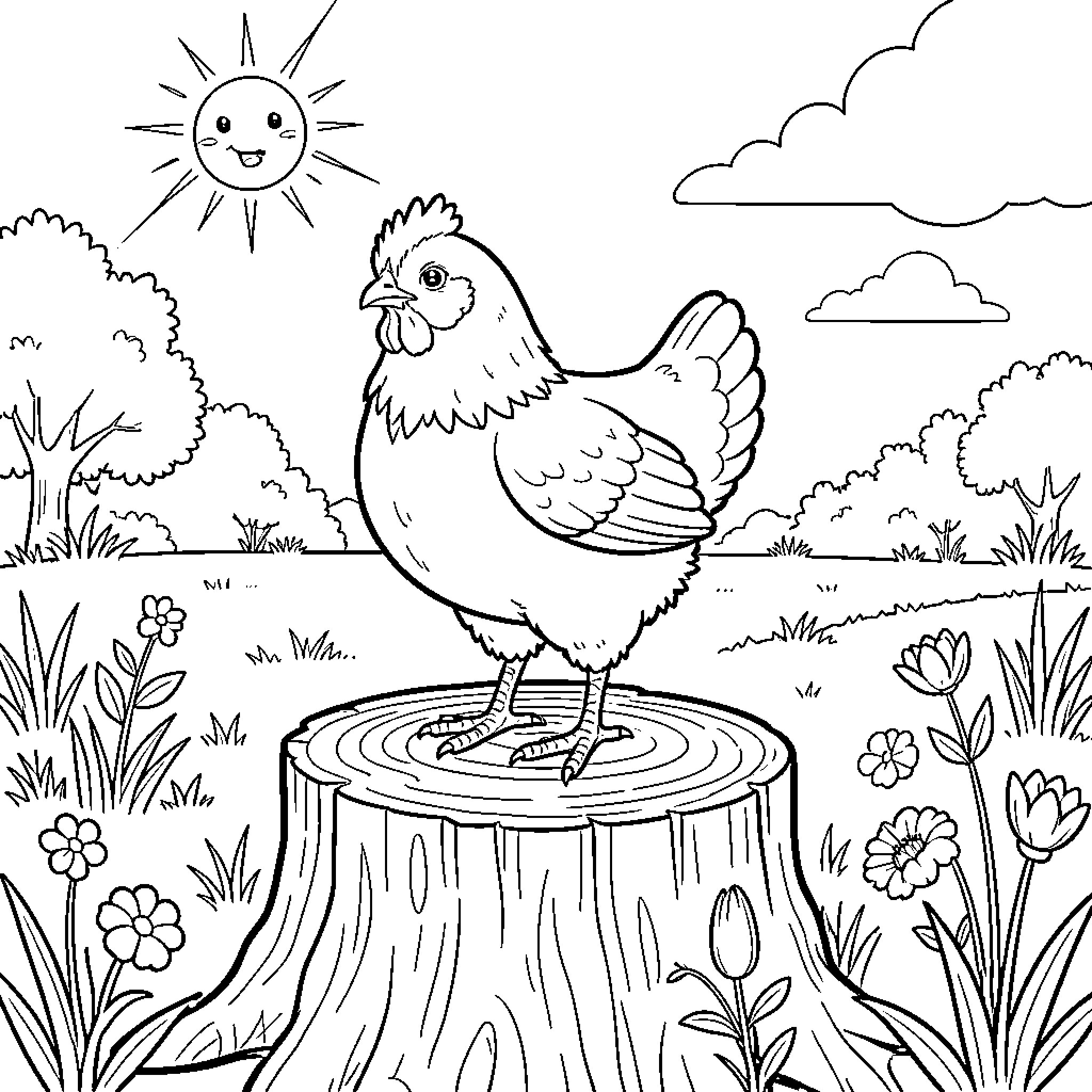 Serama Chicken standing on a tree stump outdoors Coloring Page (free black-and-white line drawing printable PDF for all, from beginners to advanced learners, including children, teens, adults, and seniors)