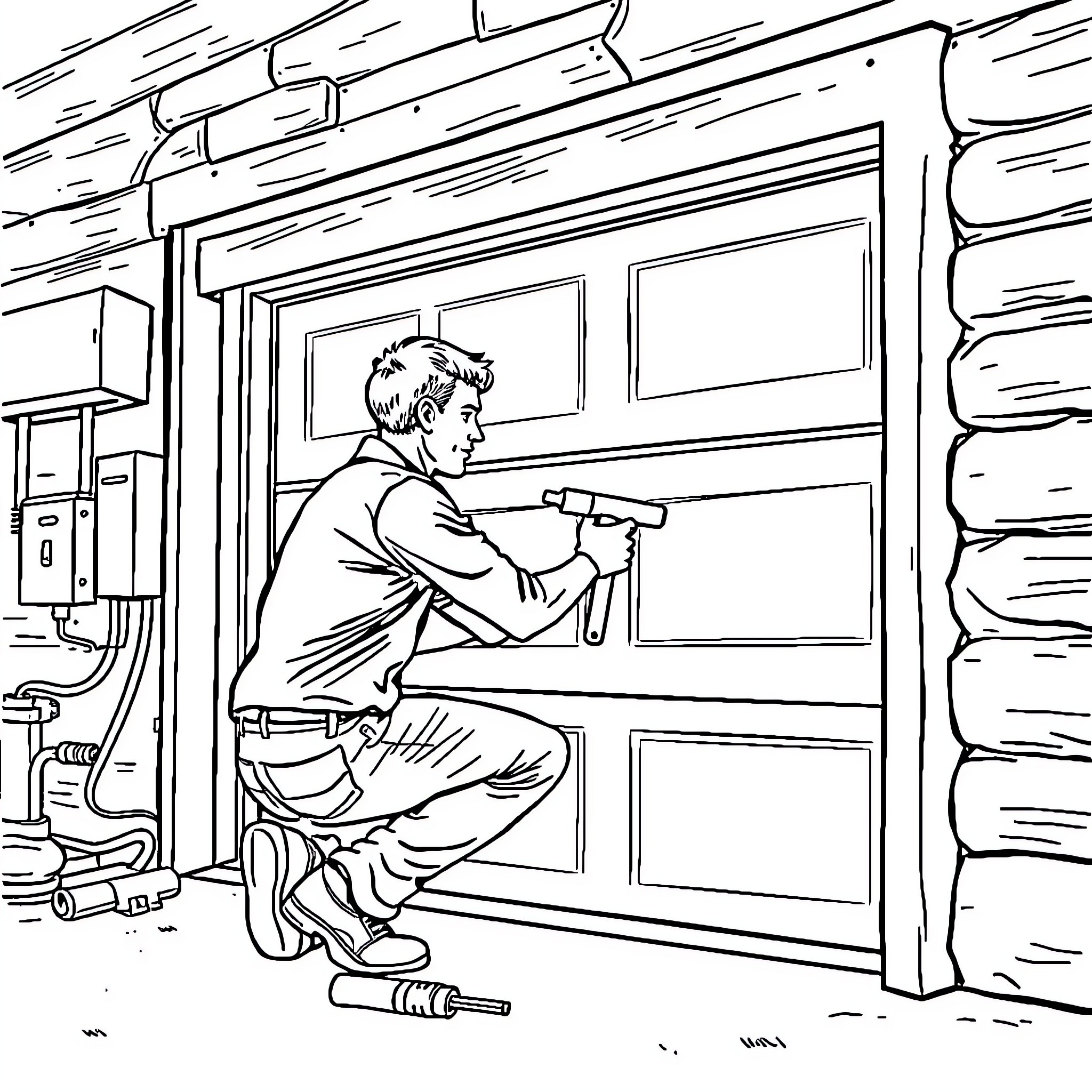 Man repairs garage door using tools Coloring Page (free black-and-white line drawing printable PDF for all, from beginners to advanced learners, including children, teens, adults, and seniors)