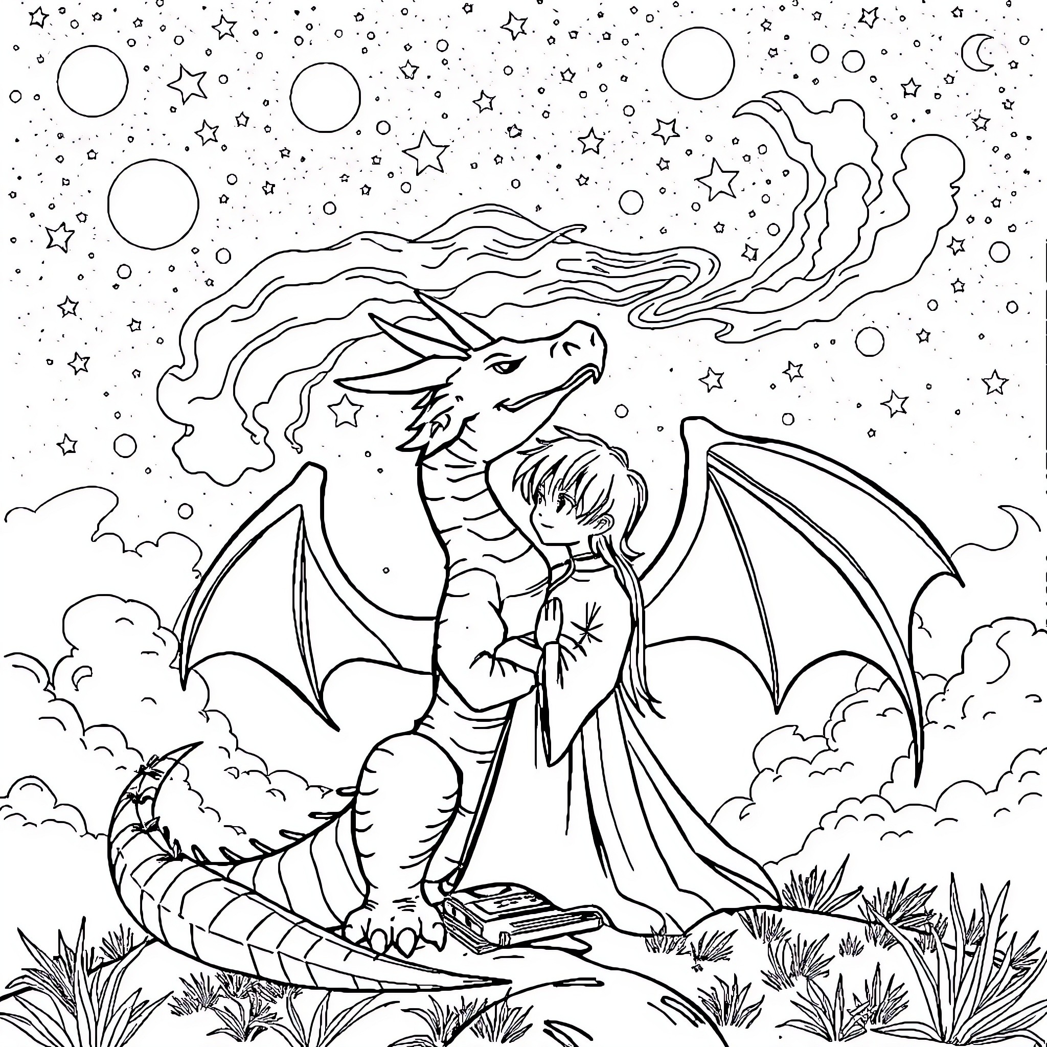 Dragon and girl embracing under the starry night sky Coloring Page (free black-and-white line drawing printable PDF for all, from beginners to advanced learners, including children, teens, adults, and seniors)