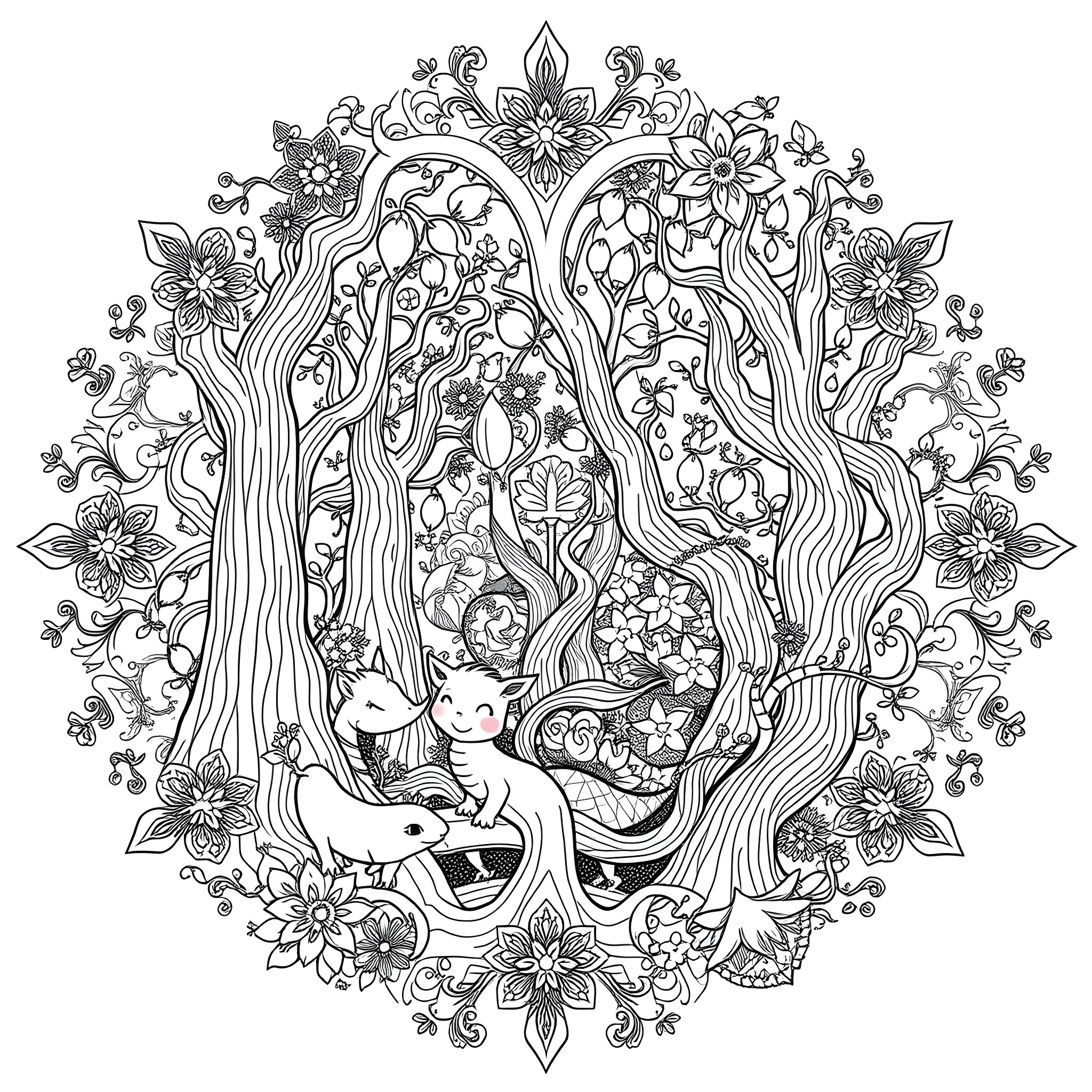 Mandala with Whimsical Floral Figures and Creatures Coloring Page (free black-and-white line drawing printable PDF for all, from beginners to advanced learners, including children, teens, adults, and seniors)