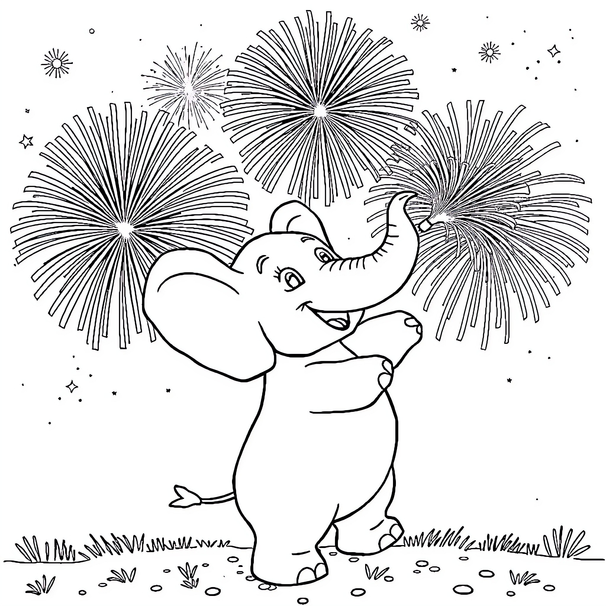 Elephant enjoying fireworks display in the night sky Coloring Page (free black-and-white line drawing printable PDF for all, from beginners to advanced learners, including children, teens, adults, and seniors)