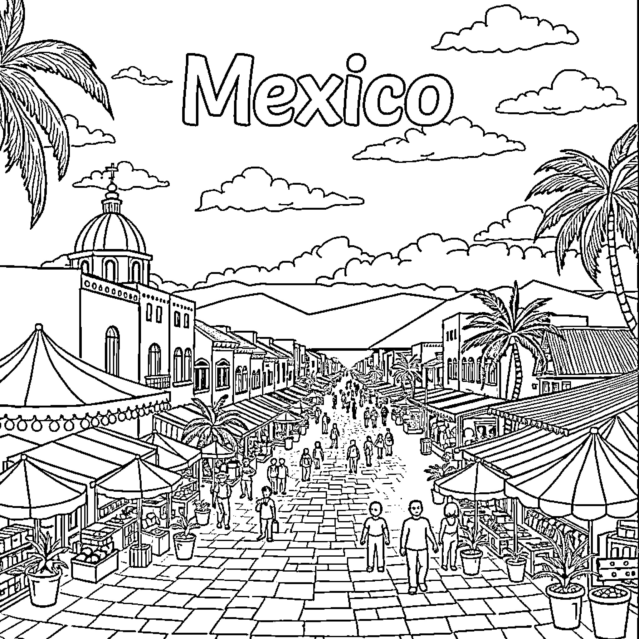Mexico Bustling Market Scene with Vibrant Atmosphere Coloring Page (free black-and-white line drawing printable PDF for all, from beginners to advanced learners, including children, teens, adults, and seniors)