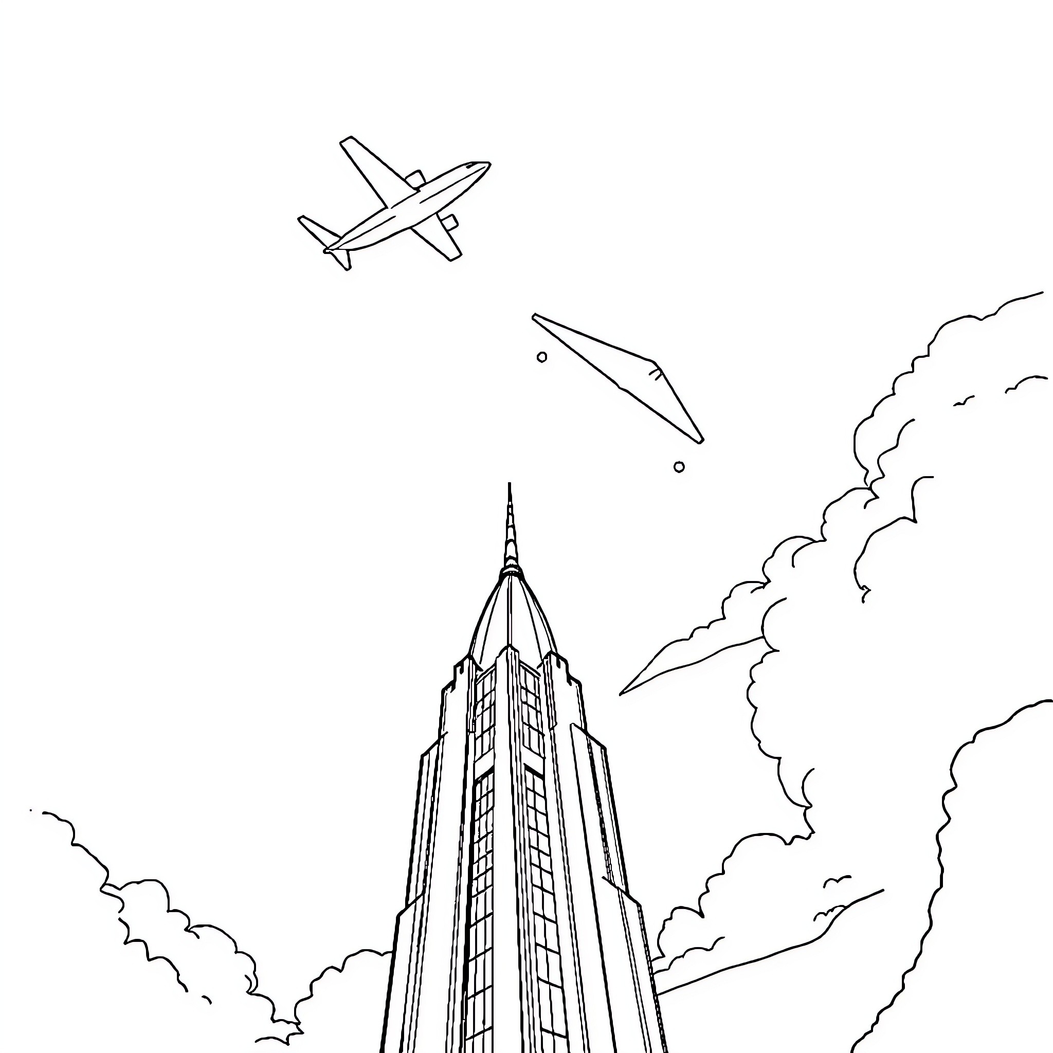 Plane flying over towering skyscraper Coloring Page (free black-and-white line drawing printable PDF for all, from beginners to advanced learners, including children, teens, adults, and seniors)
