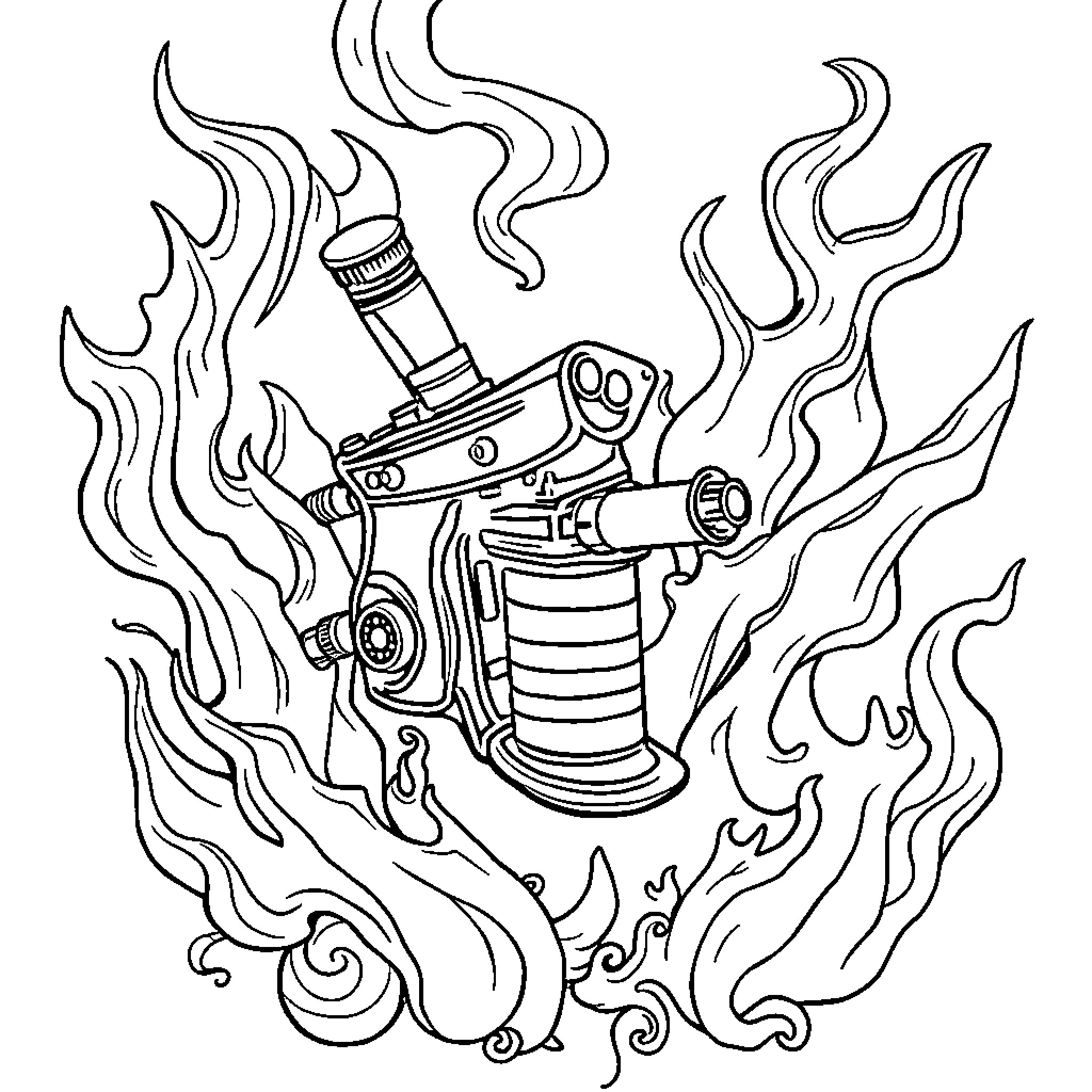 Tattoo Machine with Fiery Energy and Artistic Flair Coloring Page (free black-and-white line drawing printable PDF for all, from beginners to advanced learners, including children, teens, adults, and seniors)