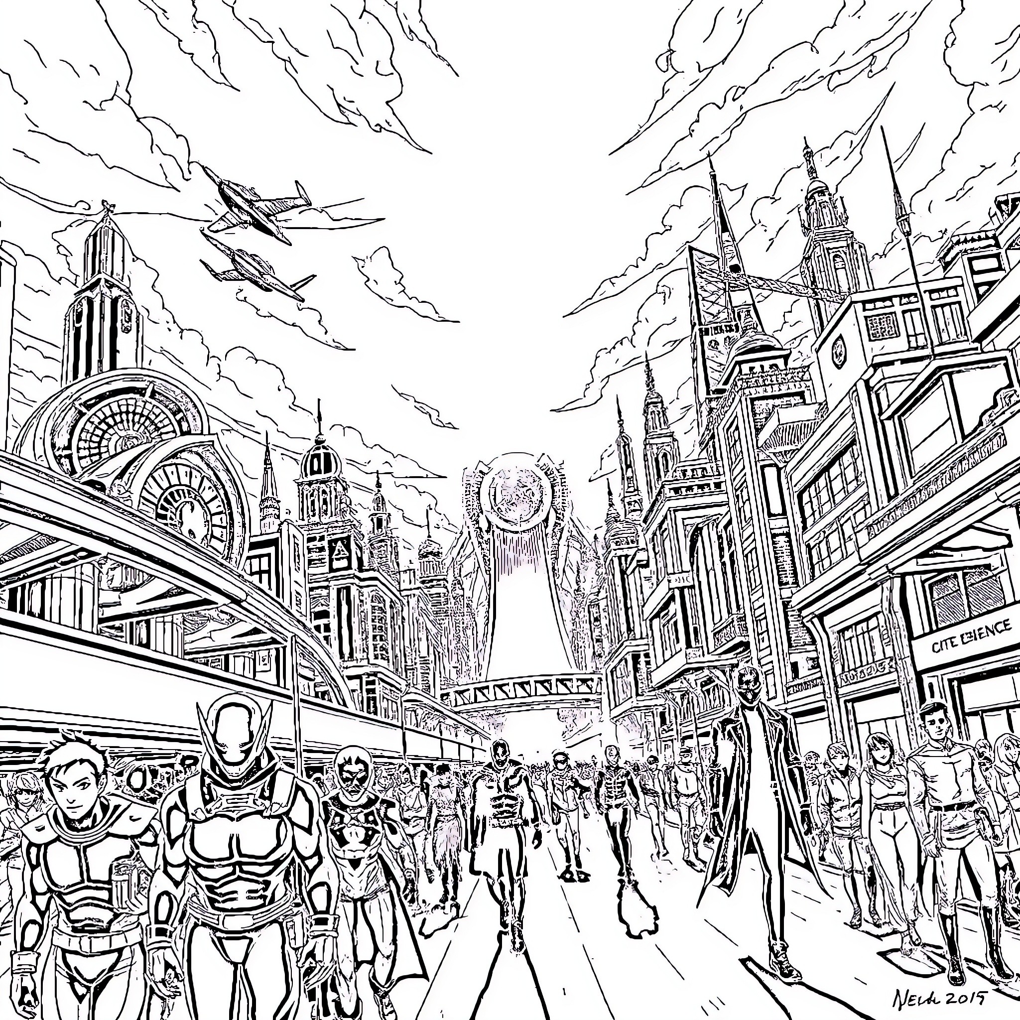 Kael's Journey Through the Futuristic City Coloring Page (free black-and-white line drawing printable PDF for all, from beginners to advanced learners, including children, teens, adults, and seniors)