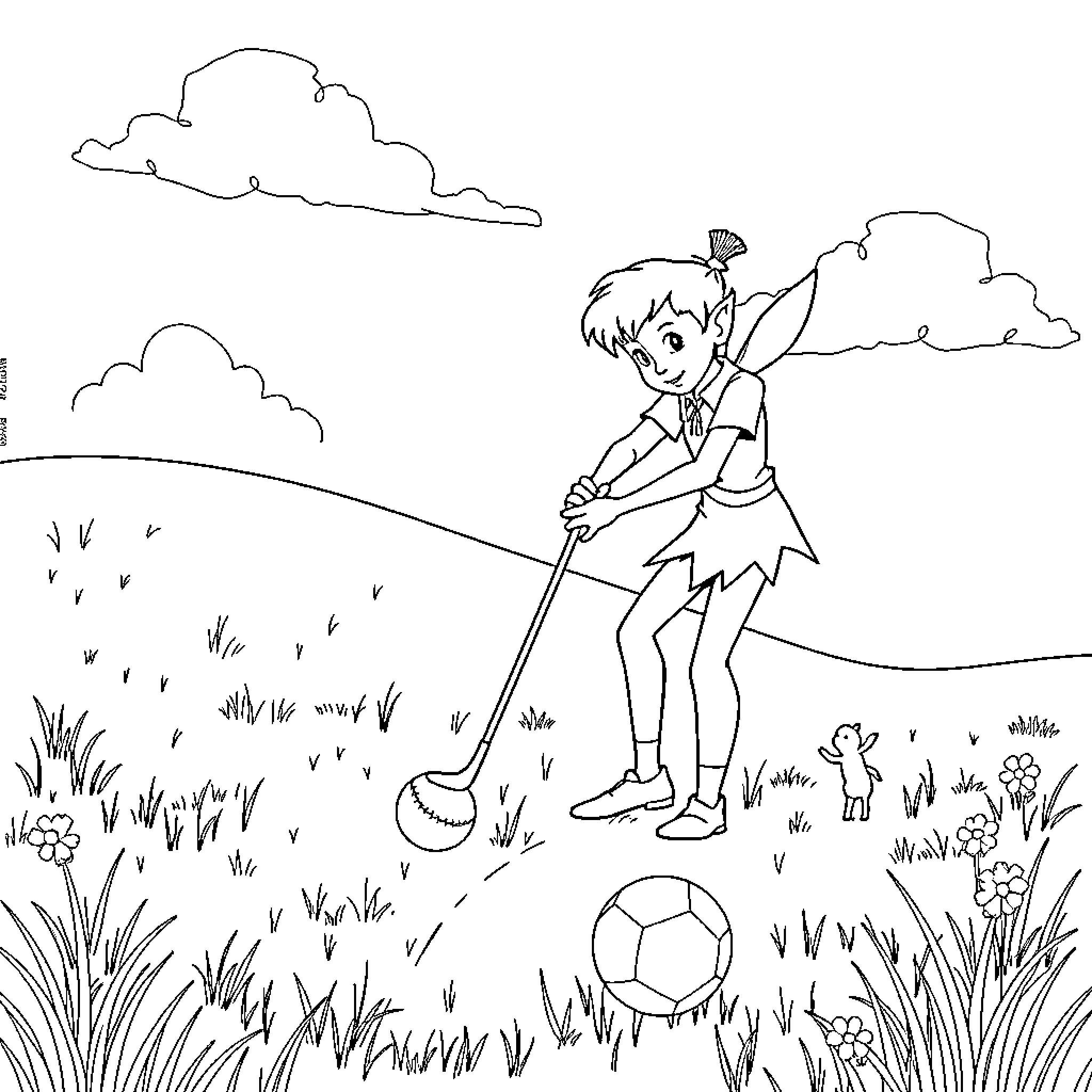 Peter Pan playing soccer in a field with nature Coloring Page (free black-and-white line drawing printable PDF for all, from beginners to advanced learners, including children, teens, adults, and seniors)