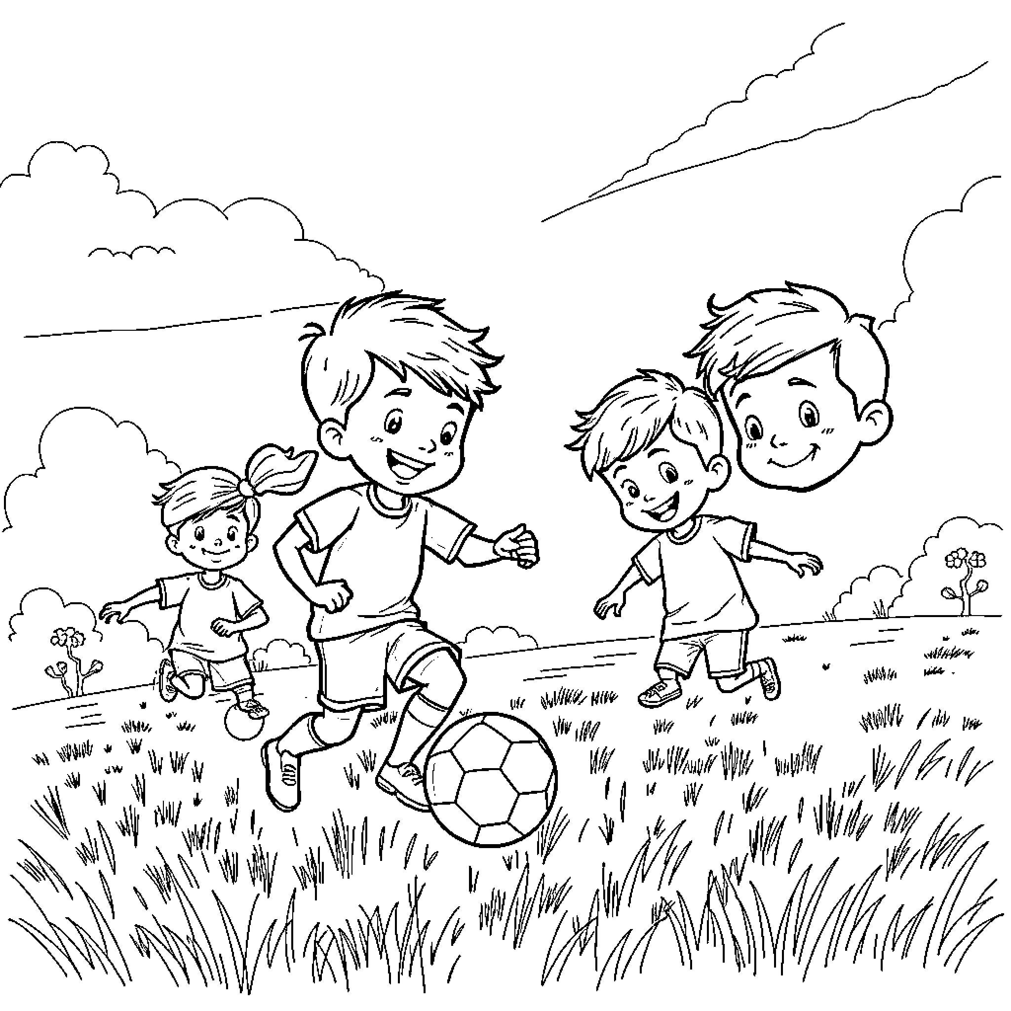 Kid friends playing soccer happily outdoors Coloring Page (free black-and-white line drawing printable PDF for all, from beginners to advanced learners, including children, teens, adults, and seniors)