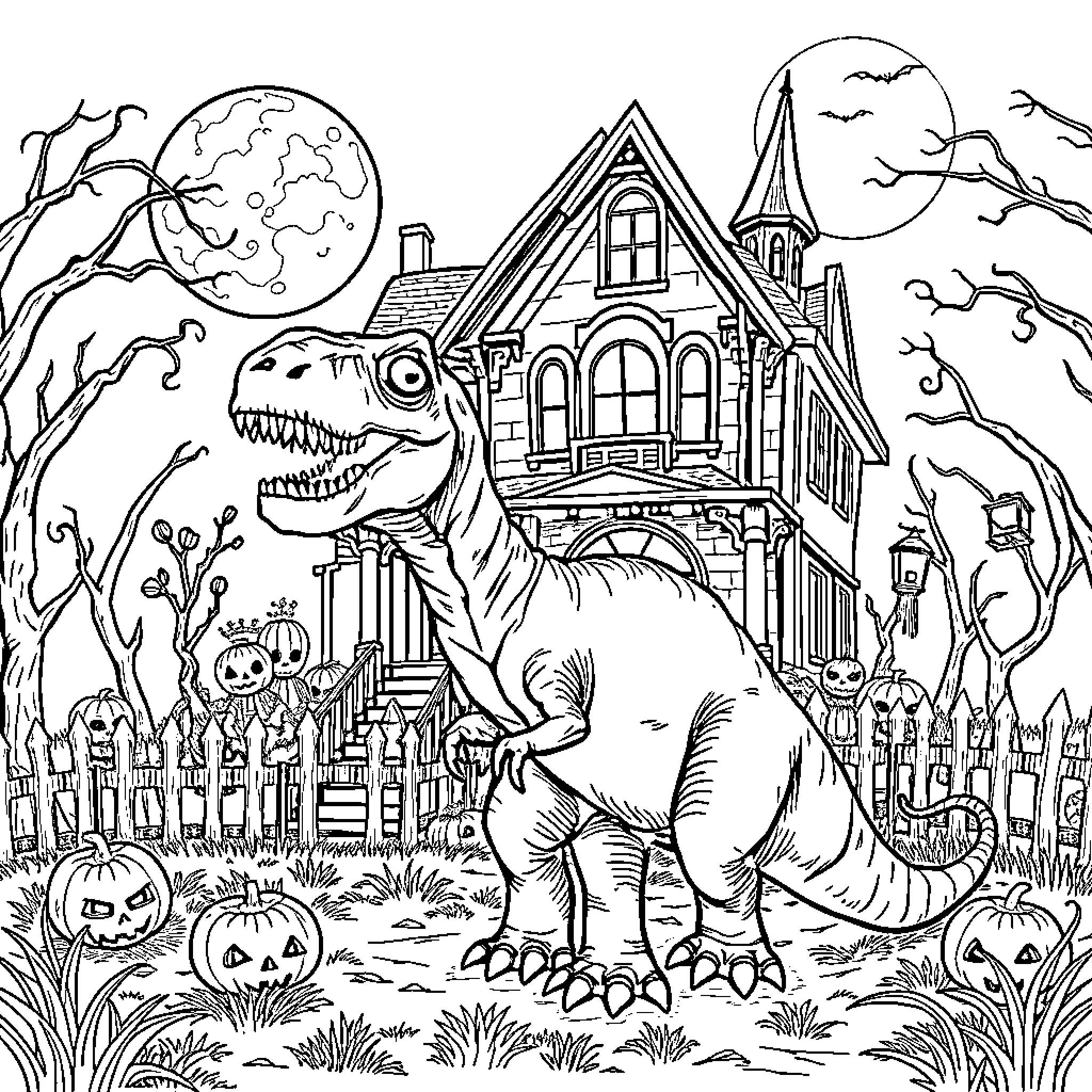 Dinosaur exploring a haunted house on Halloween Coloring Page (free black-and-white line drawing printable PDF for all, from beginners to advanced learners, including children, teens, adults, and seniors)