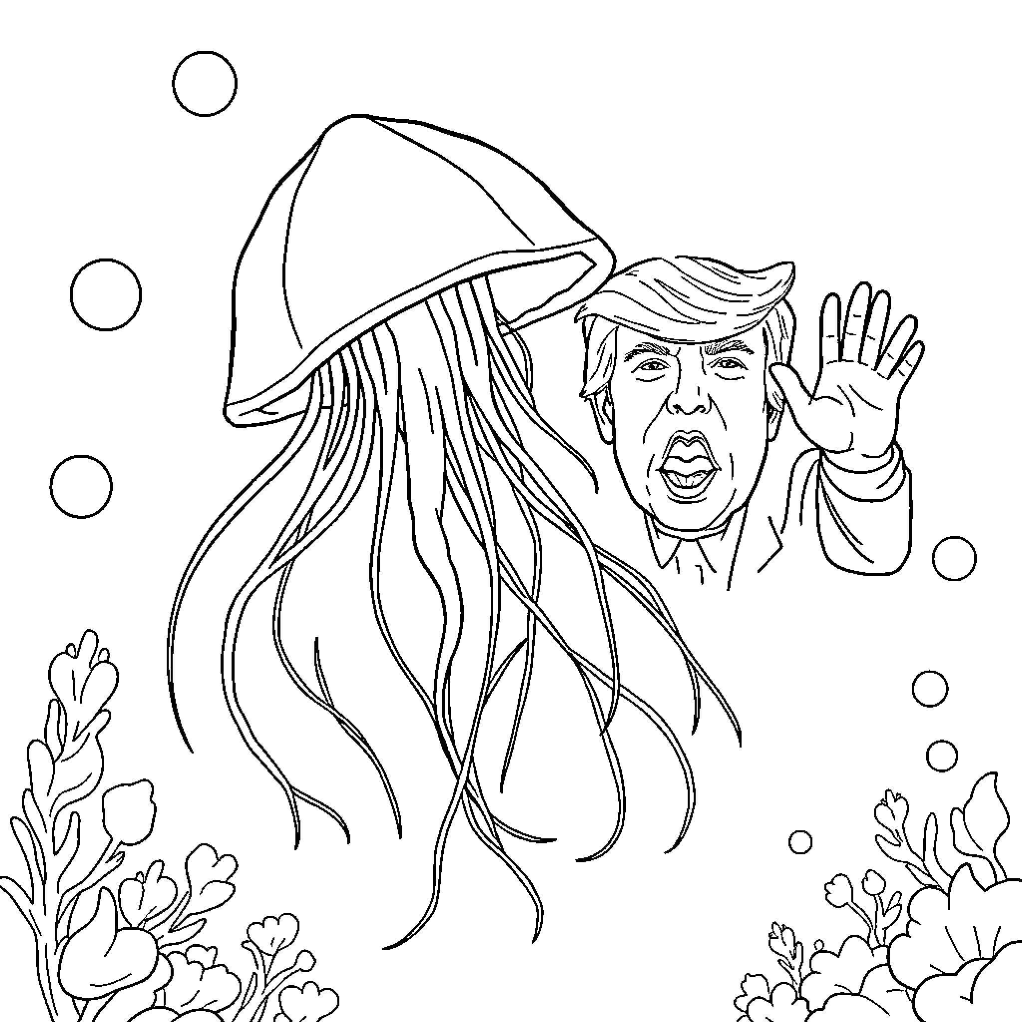 Jellyfish with Trump-like figure underwater Coloring Page (free black-and-white line drawing printable PDF for all, from beginners to advanced learners, including children, teens, adults, and seniors)