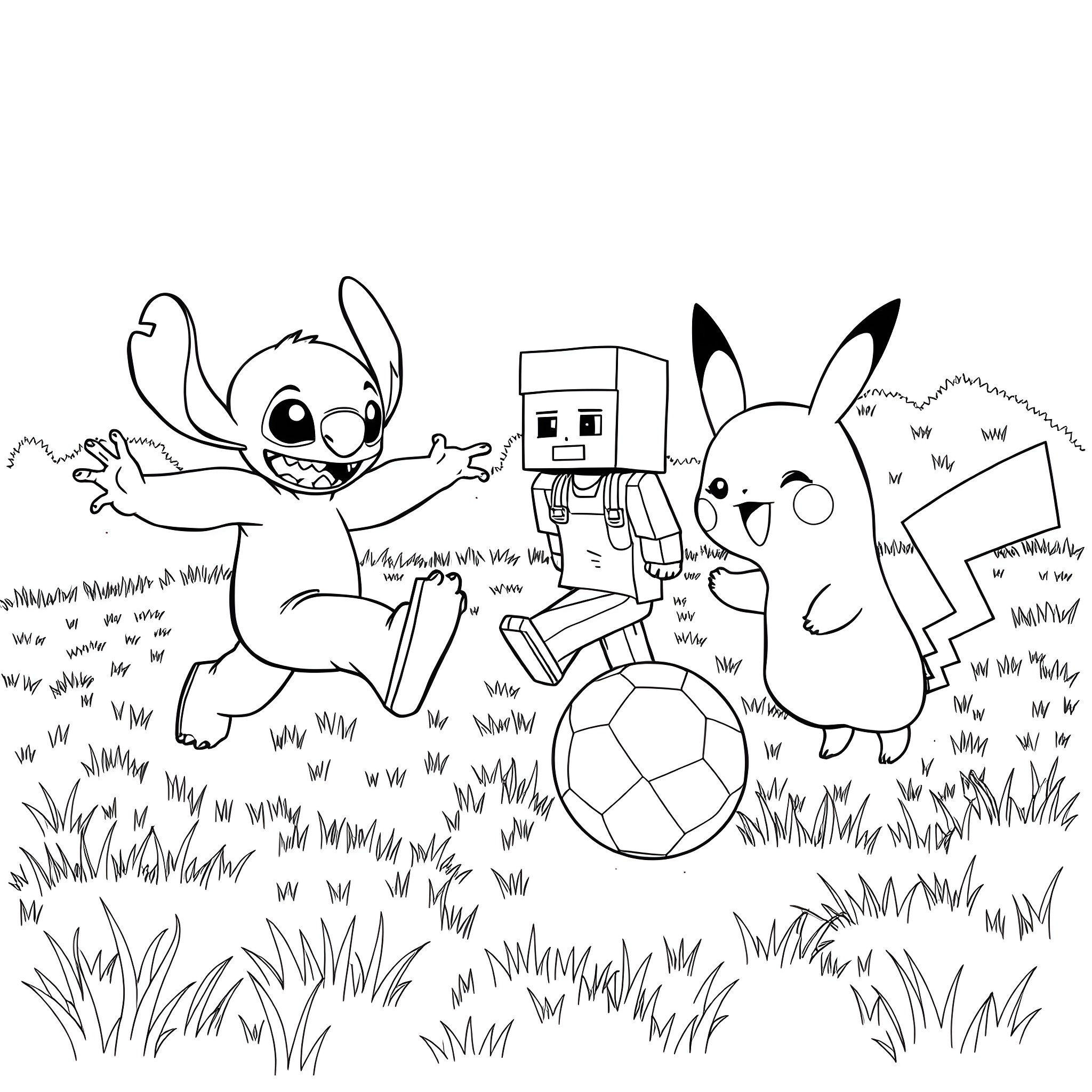 Stitch, Creeper, and Pikachu playing with a soccer ball in the grass Coloring Page (free black-and-white line drawing printable PDF for all, from beginners to advanced learners, including children, teens, adults, and seniors)