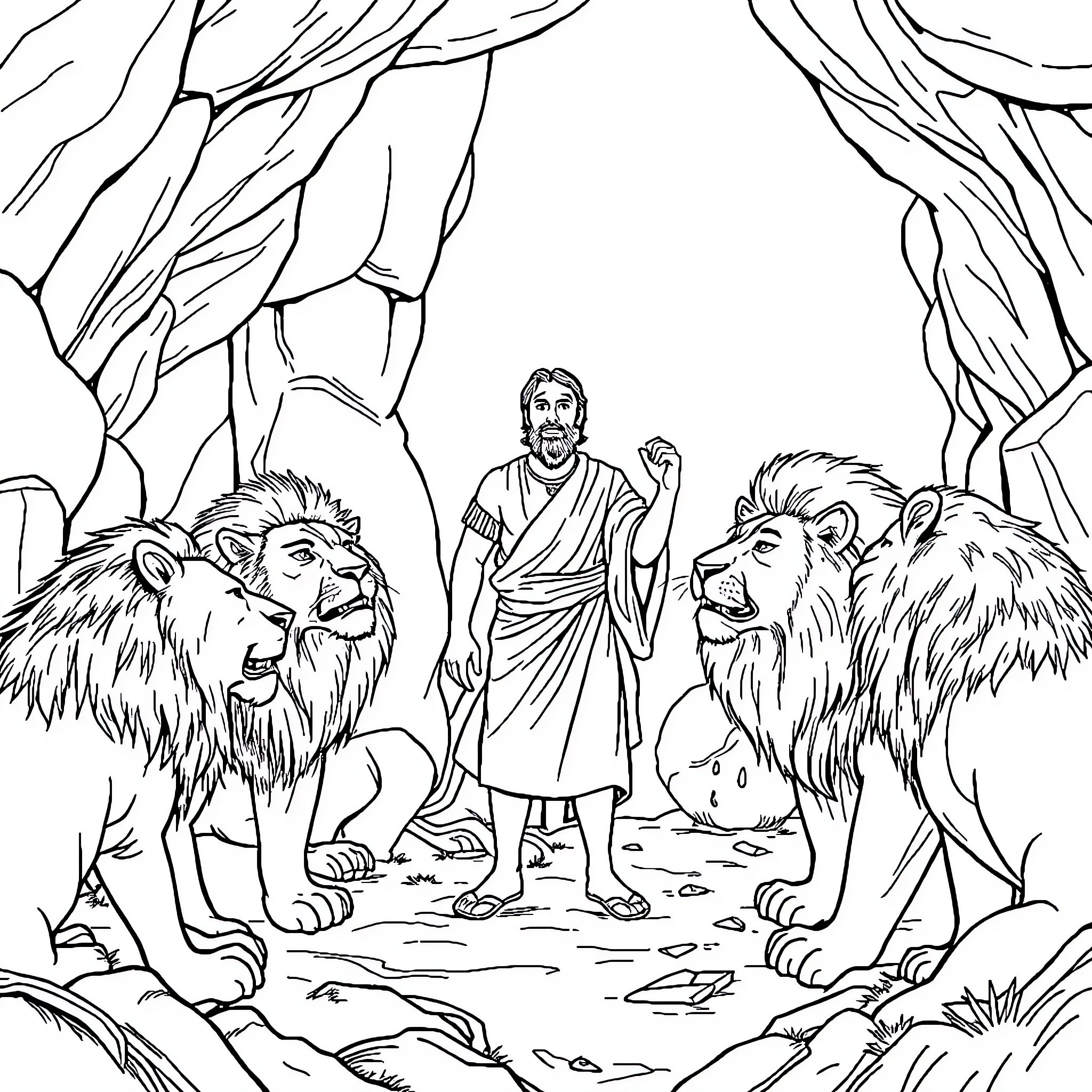 Lion Tamer Confronts Majestic Lions in the Wild Coloring Page (free black-and-white line drawing printable PDF for all, from beginners to advanced learners, including children, teens, adults, and seniors)