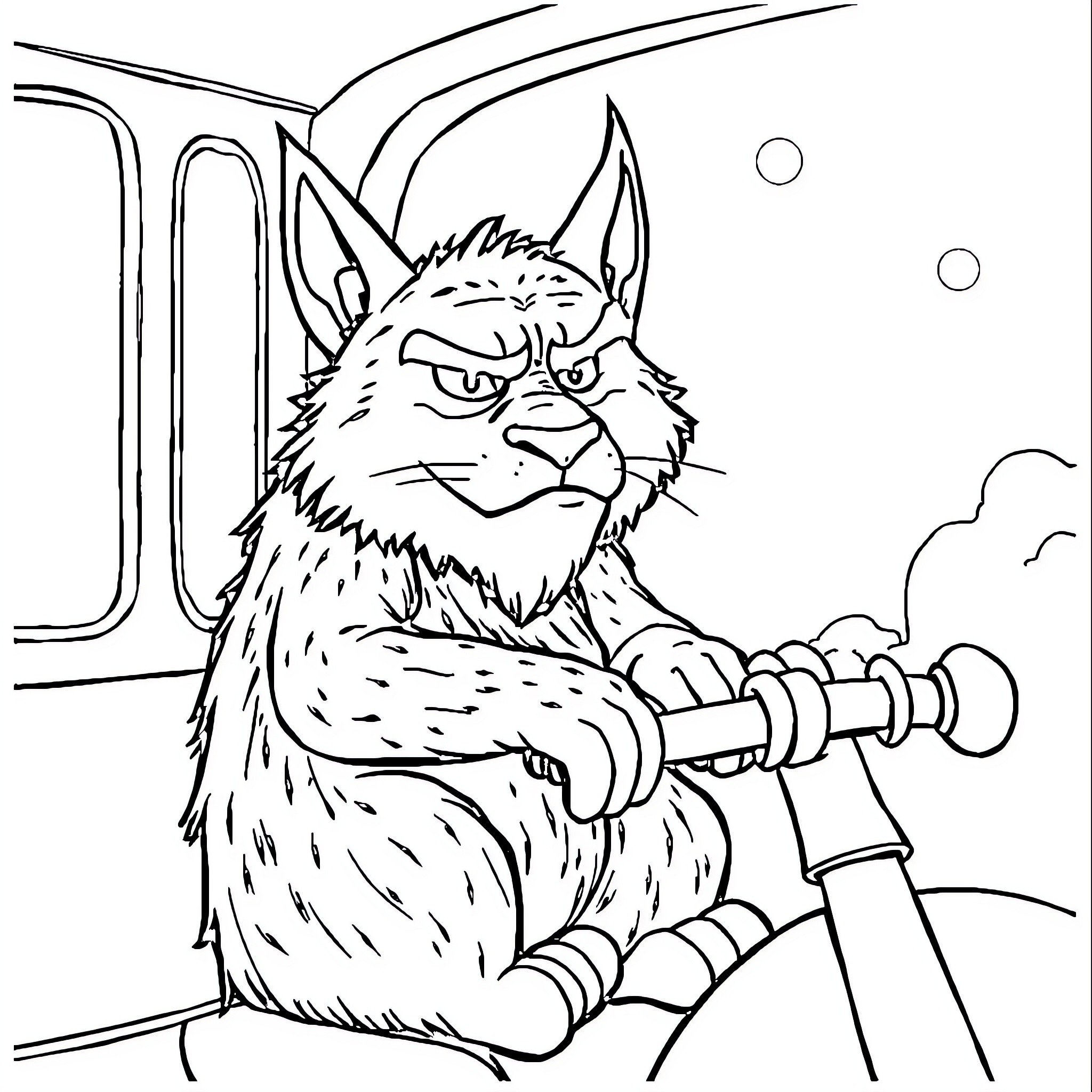 Rapunzel the curious cat on a scooter Coloring Page (free black-and-white line drawing printable PDF for all, from beginners to advanced learners, including children, teens, adults, and seniors)