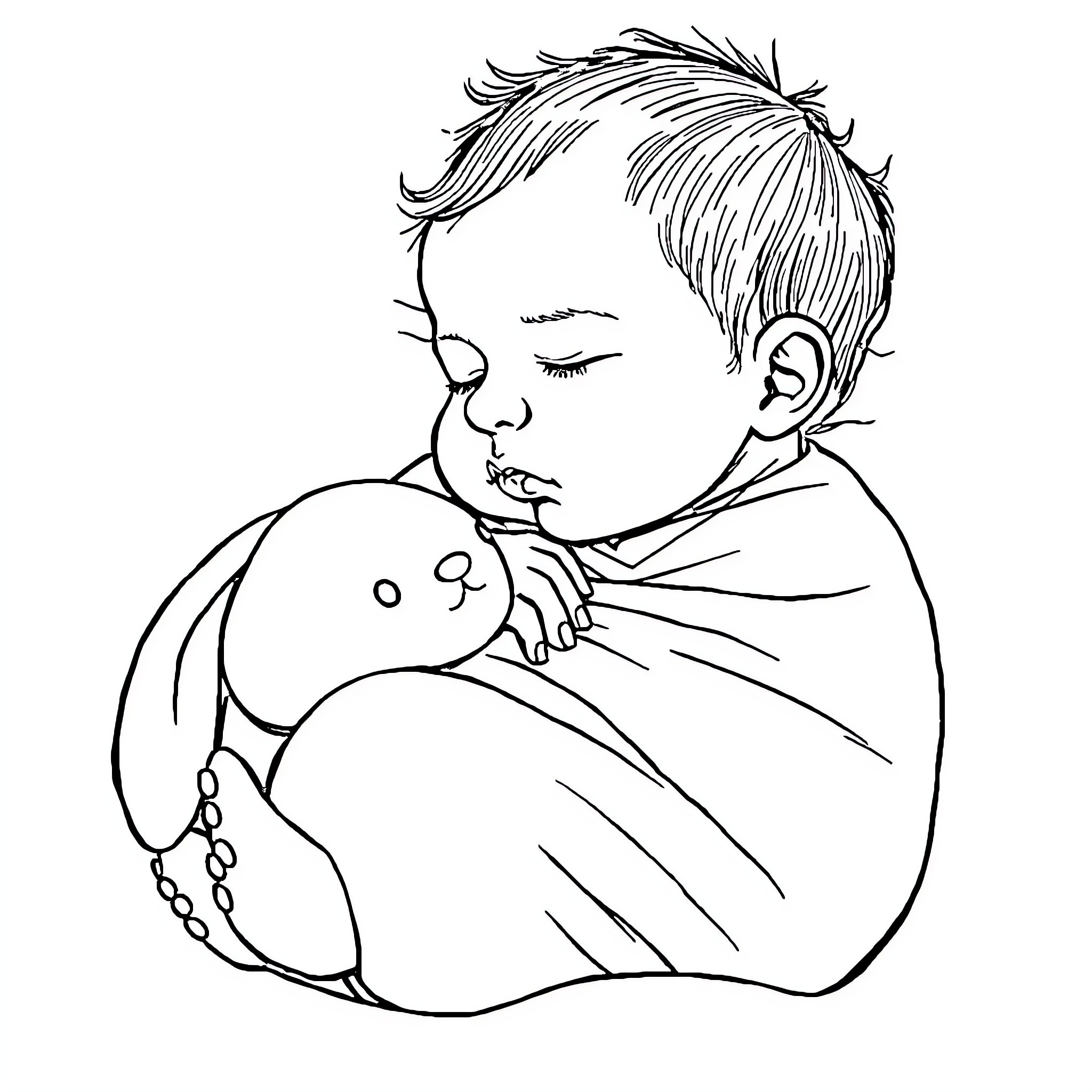 Baby sleeping peacefully with toy Coloring Page (free black-and-white line drawing printable PDF for all, from beginners to advanced learners, including children, teens, adults, and seniors)