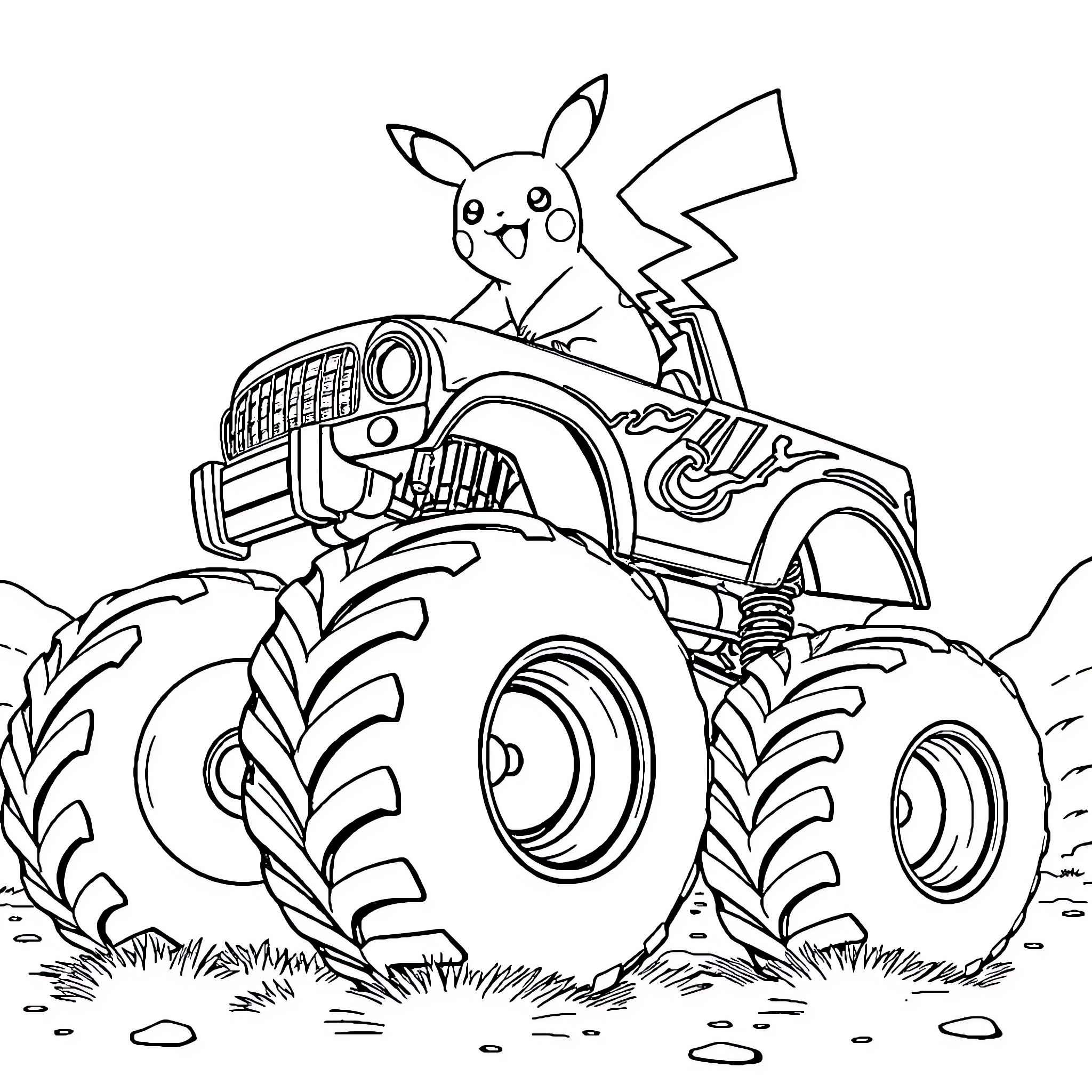 Pikachu riding a monster truck in the wild Coloring Page (free black-and-white line drawing printable PDF for all, from beginners to advanced learners, including children, teens, adults, and seniors)