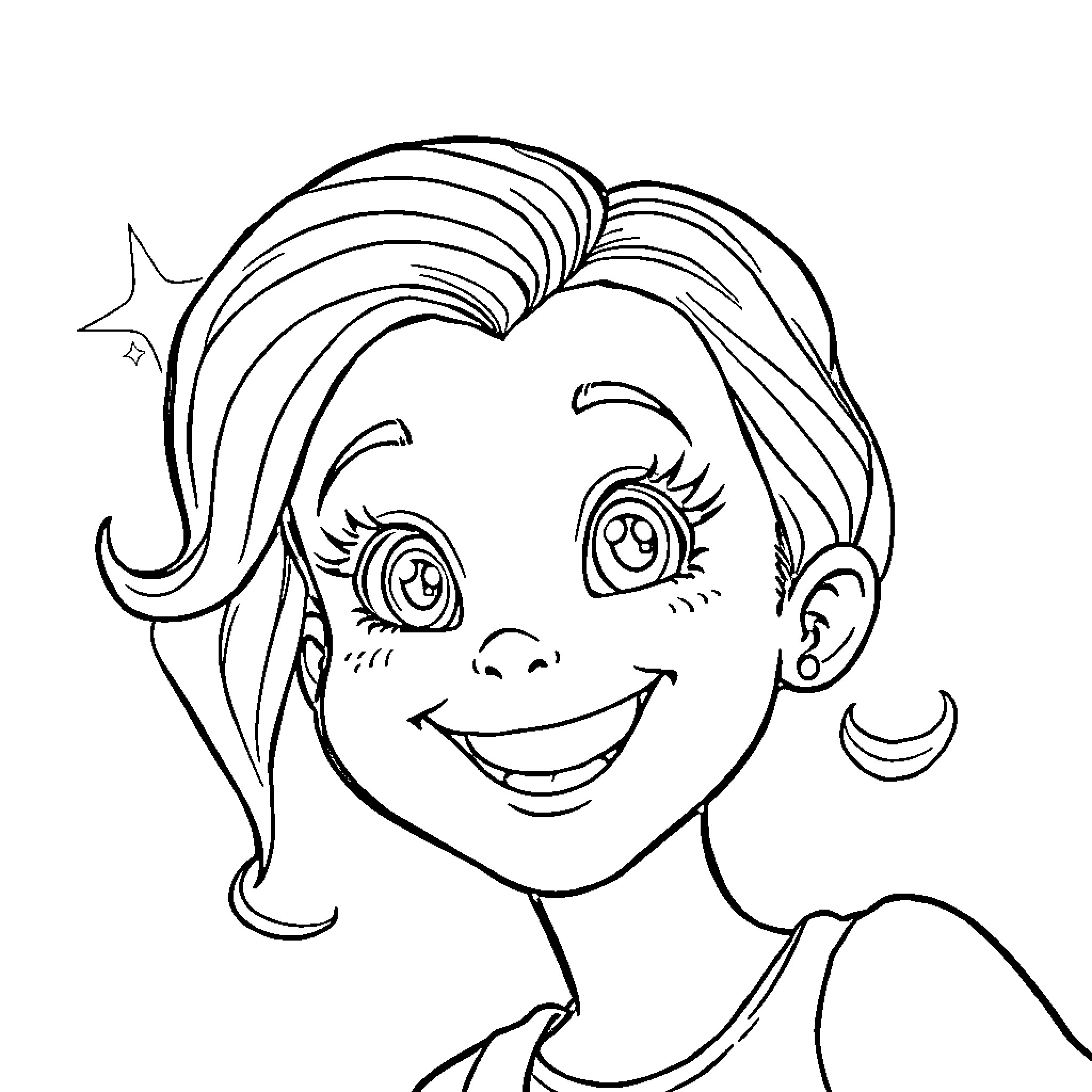 Gabby's Cheerful Expression and Hairstyle Coloring Page (free black-and-white line drawing printable PDF for all, from beginners to advanced learners, including children, teens, adults, and seniors)