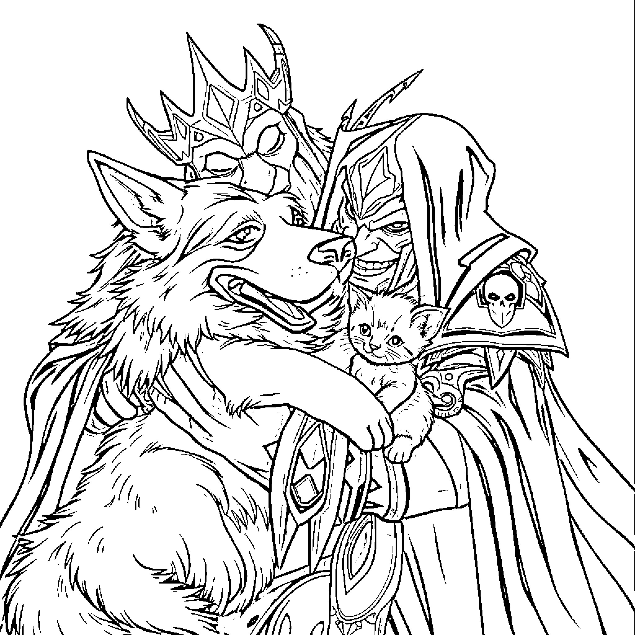 Lich King with Frightening Creatures Coloring Page (free black-and-white line drawing printable PDF for all, from beginners to advanced learners, including children, teens, adults, and seniors)