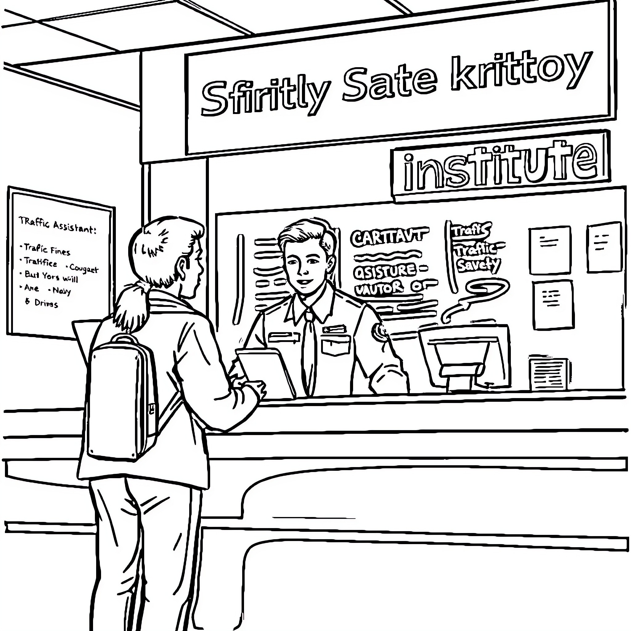 Employee working at a career institute Coloring Page (free black-and-white line drawing printable PDF for all, from beginners to advanced learners, including children, teens, adults, and seniors)