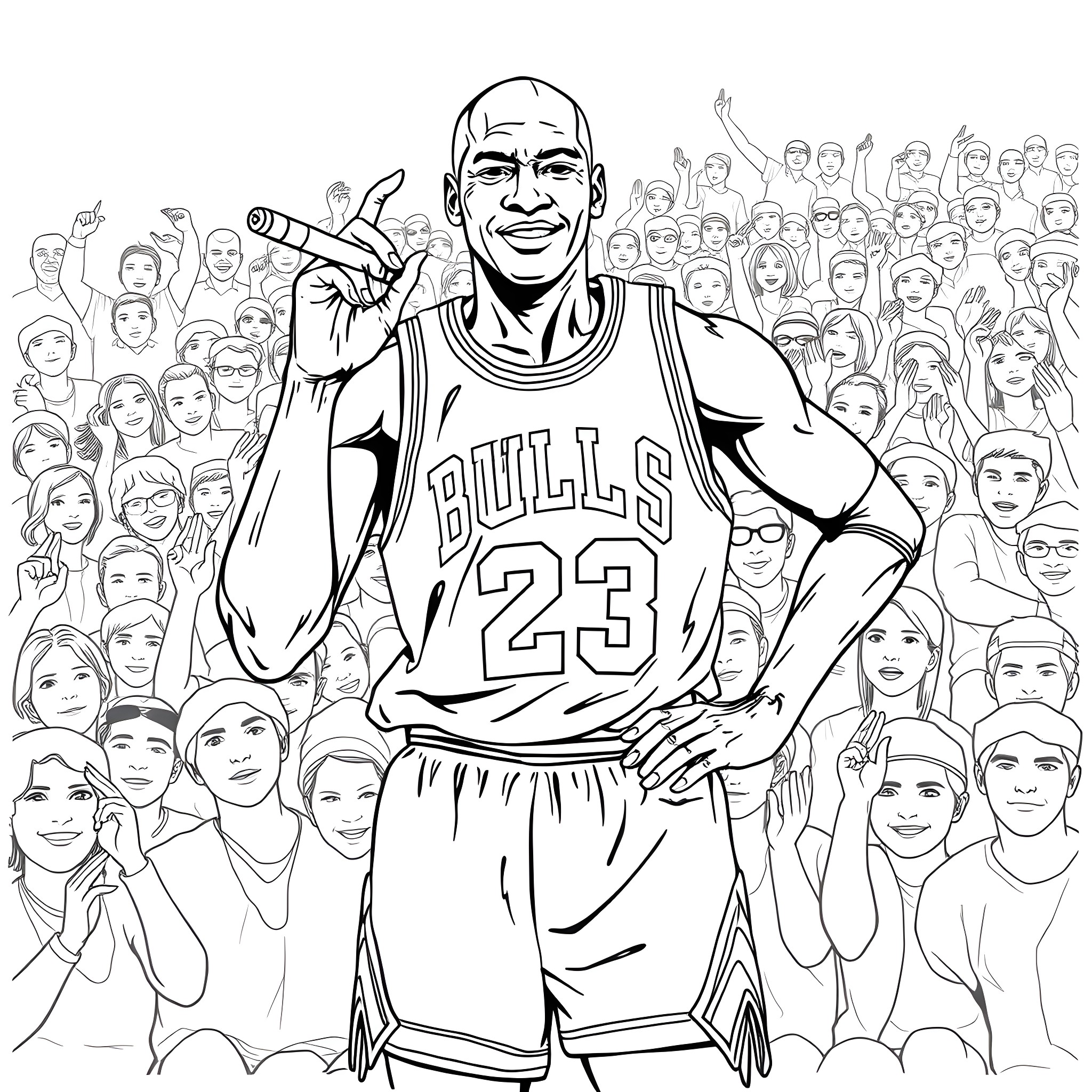 Michael Jordan Basketball Player Celebrating with Crowd Coloring Page (free black-and-white line drawing printable PDF for all, from beginners to advanced learners, including children, teens, adults, and seniors)