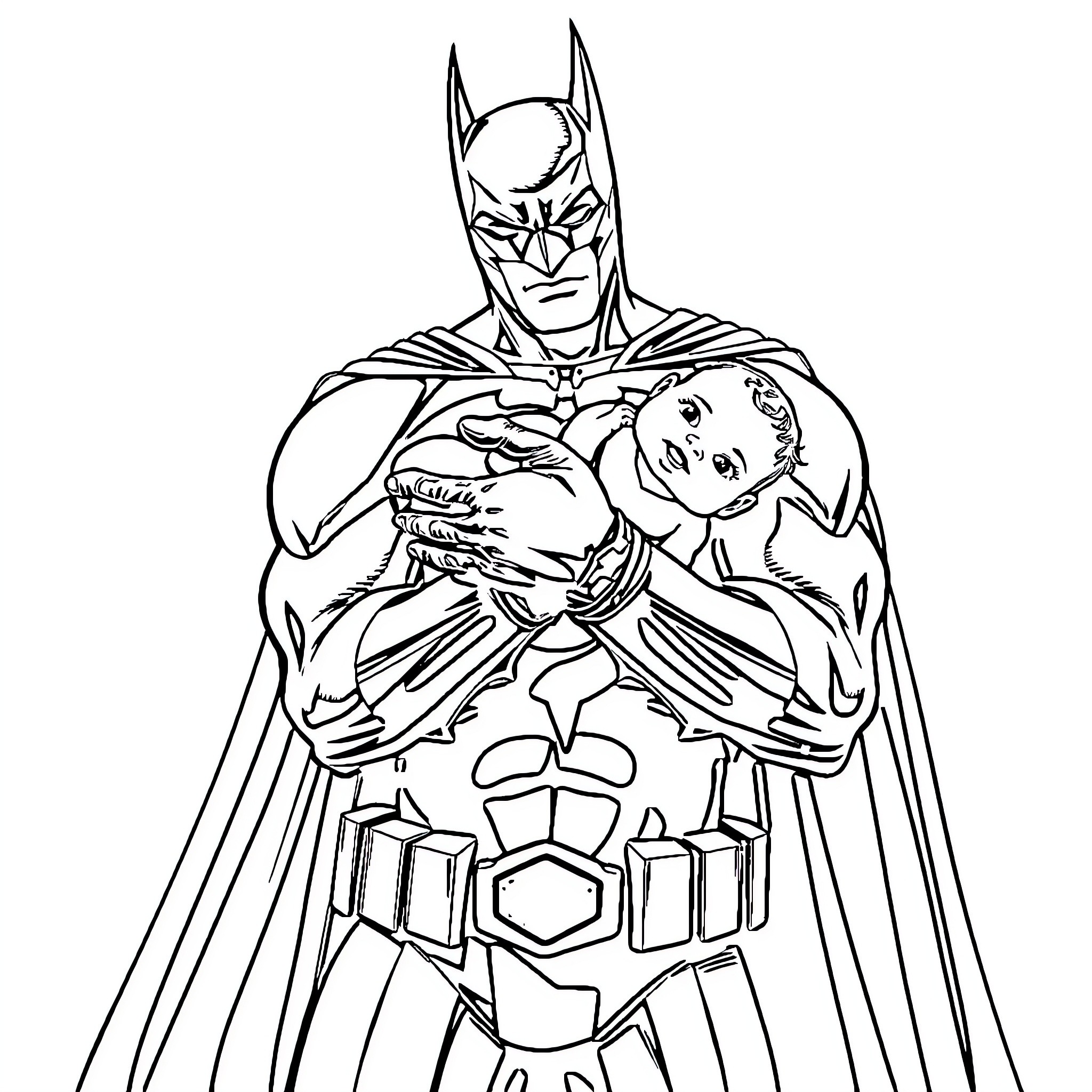 Batman holding a child in his arms Coloring Page (free black-and-white line drawing printable PDF for all, from beginners to advanced learners, including children, teens, adults, and seniors)