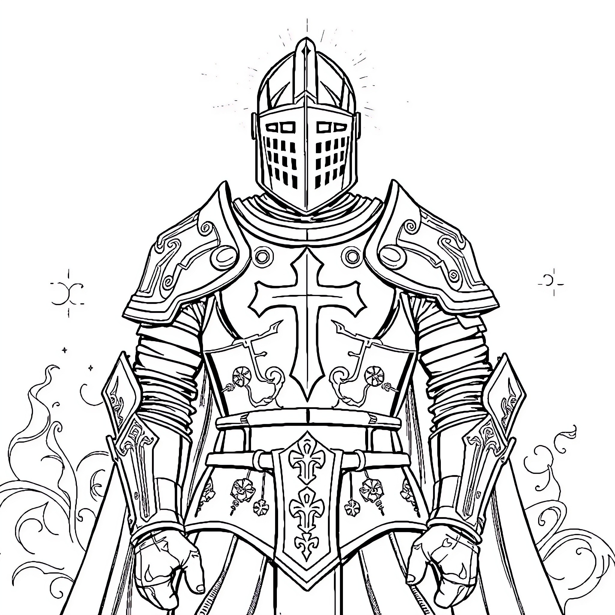 Armor of the Crusader Knight Coloring Page (free black-and-white line drawing printable PDF for all, from beginners to advanced learners, including children, teens, adults, and seniors)