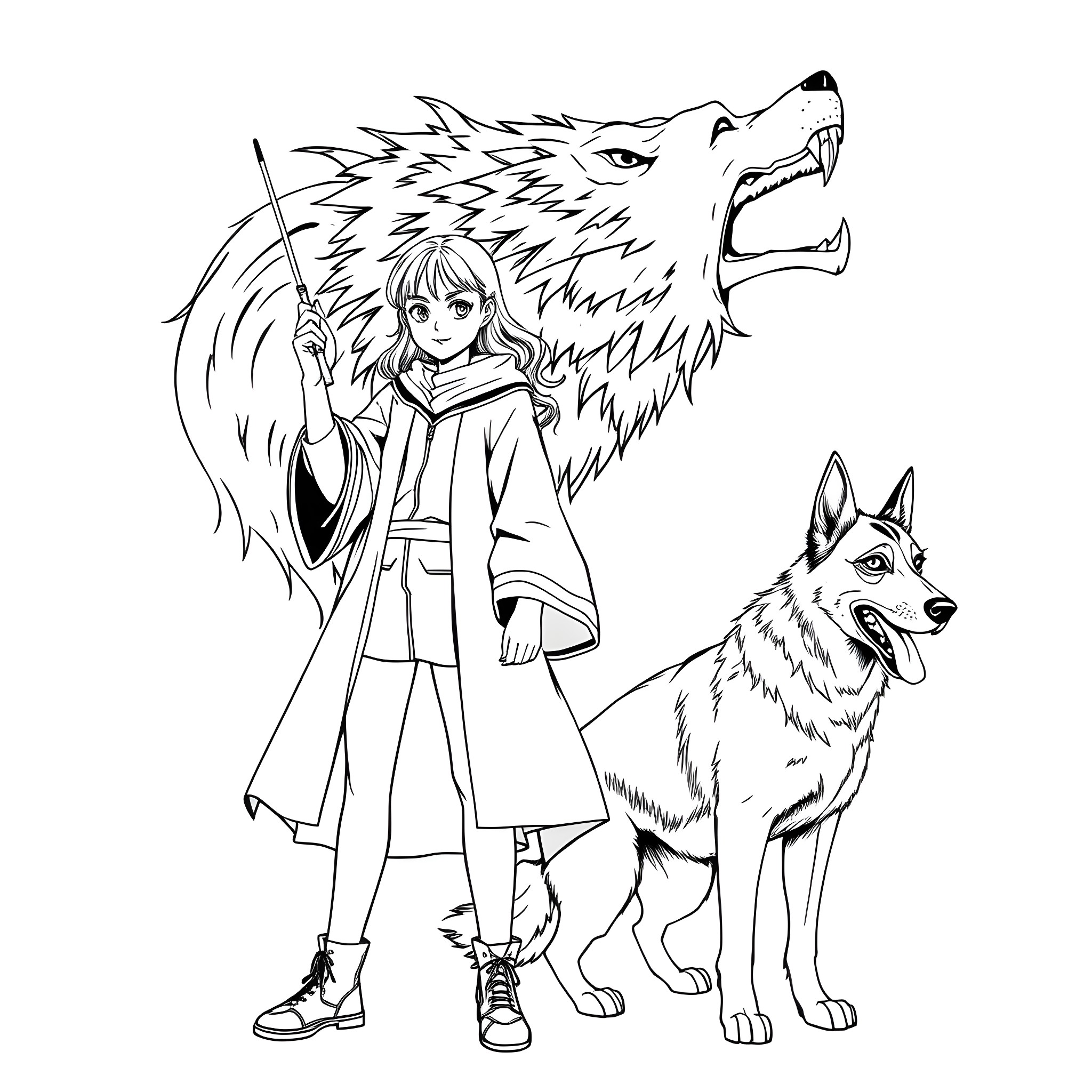Teen Girl Adventuring with Fierce Wolf Companion Coloring Page (free black-and-white line drawing printable PDF for all, from beginners to advanced learners, including children, teens, adults, and seniors)