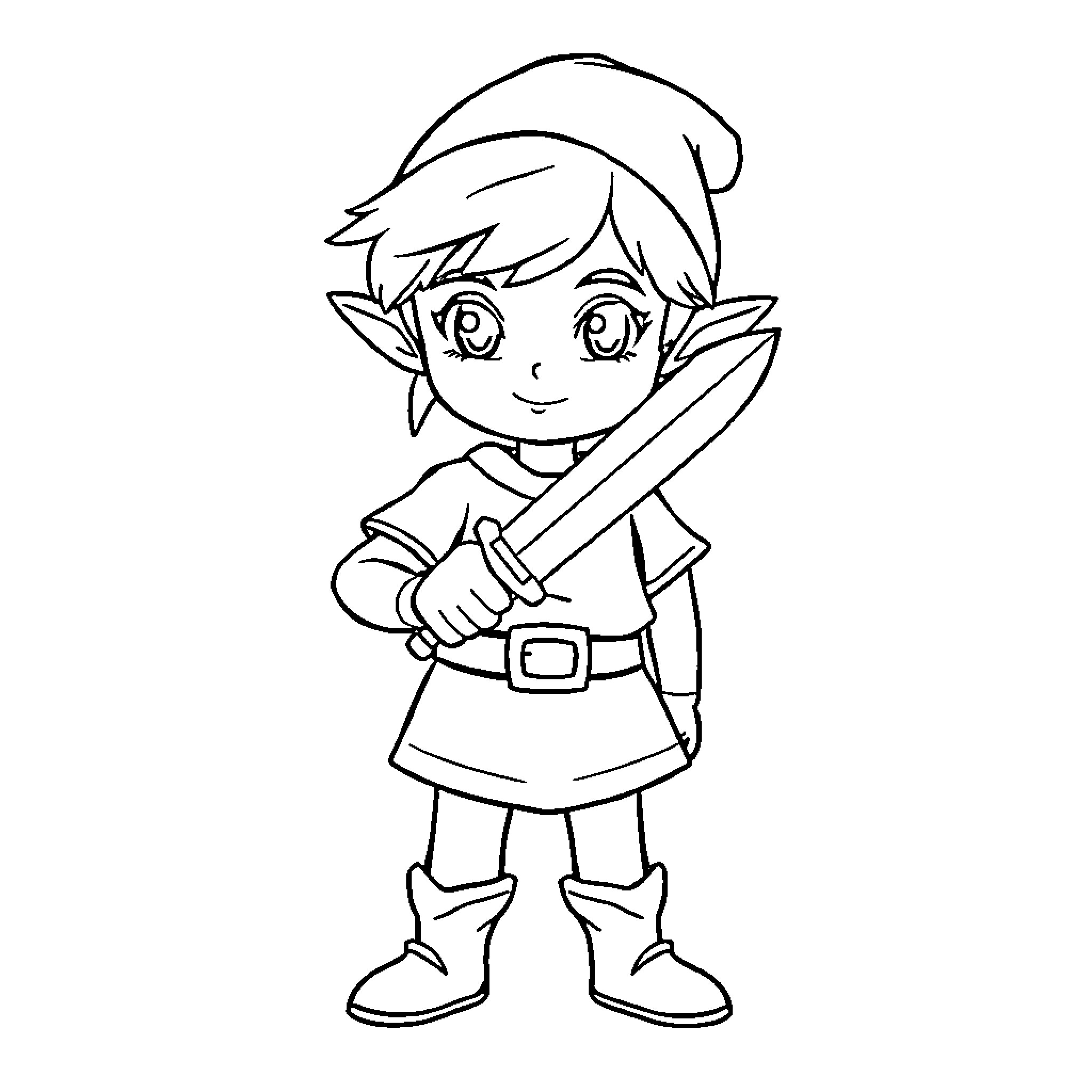 Link wielding sword in adventurous pose Coloring Page (free black-and-white line drawing printable PDF for all, from beginners to advanced learners, including children, teens, adults, and seniors)