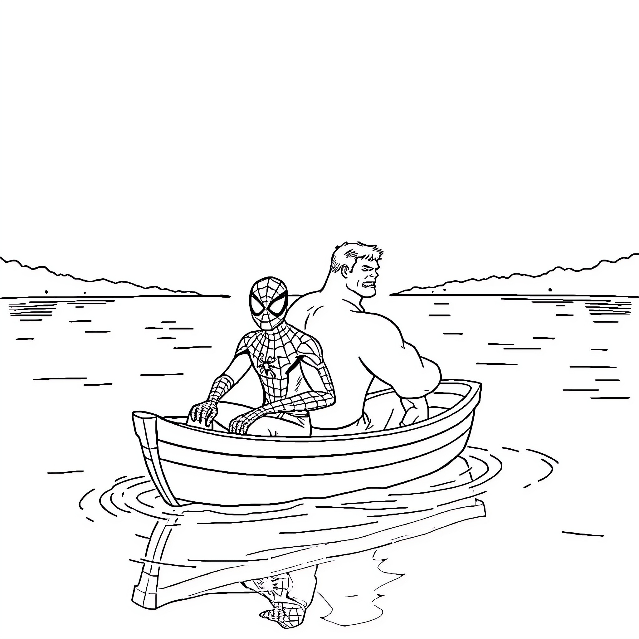 Spiderman rowing a boat on the lake Coloring Page (free black-and-white line drawing printable PDF for all, from beginners to advanced learners, including children, teens, adults, and seniors)