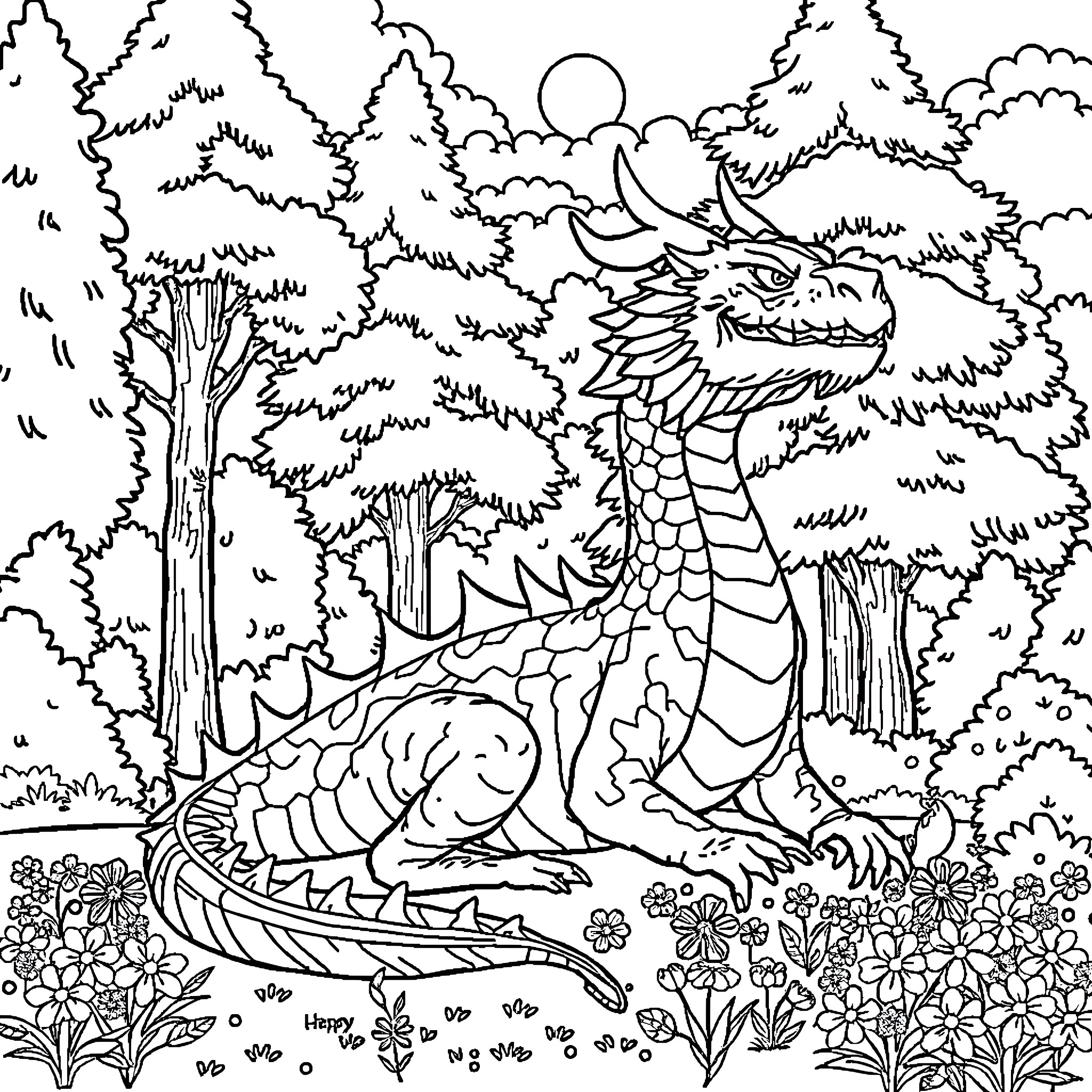 Dragon resting peacefully in the magical forest Coloring Page (free black-and-white line drawing printable PDF for all, from beginners to advanced learners, including children, teens, adults, and seniors)