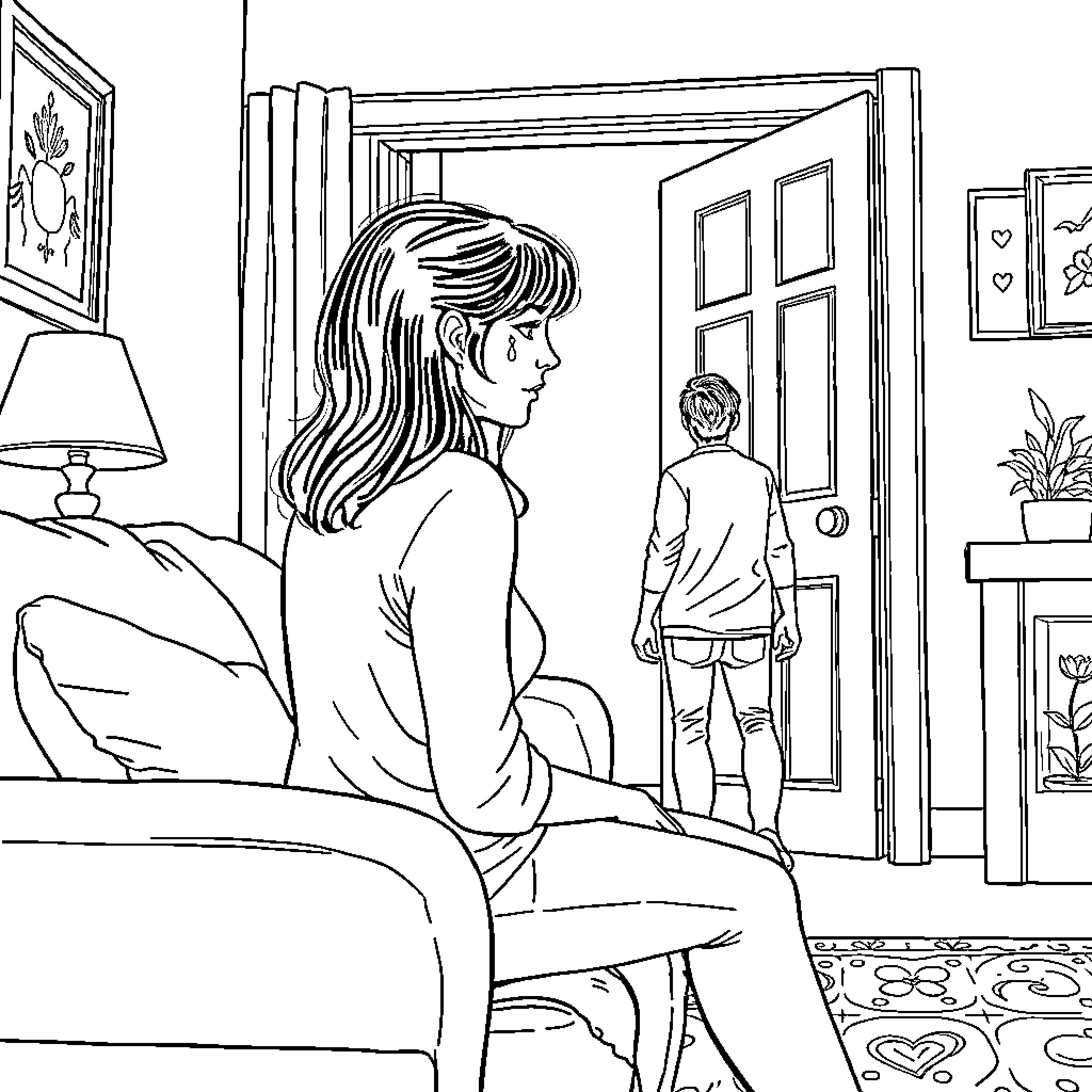 Girlfriend comforts partner in private moment Coloring Page (free black-and-white line drawing printable PDF for all, from beginners to advanced learners, including children, teens, adults, and seniors)