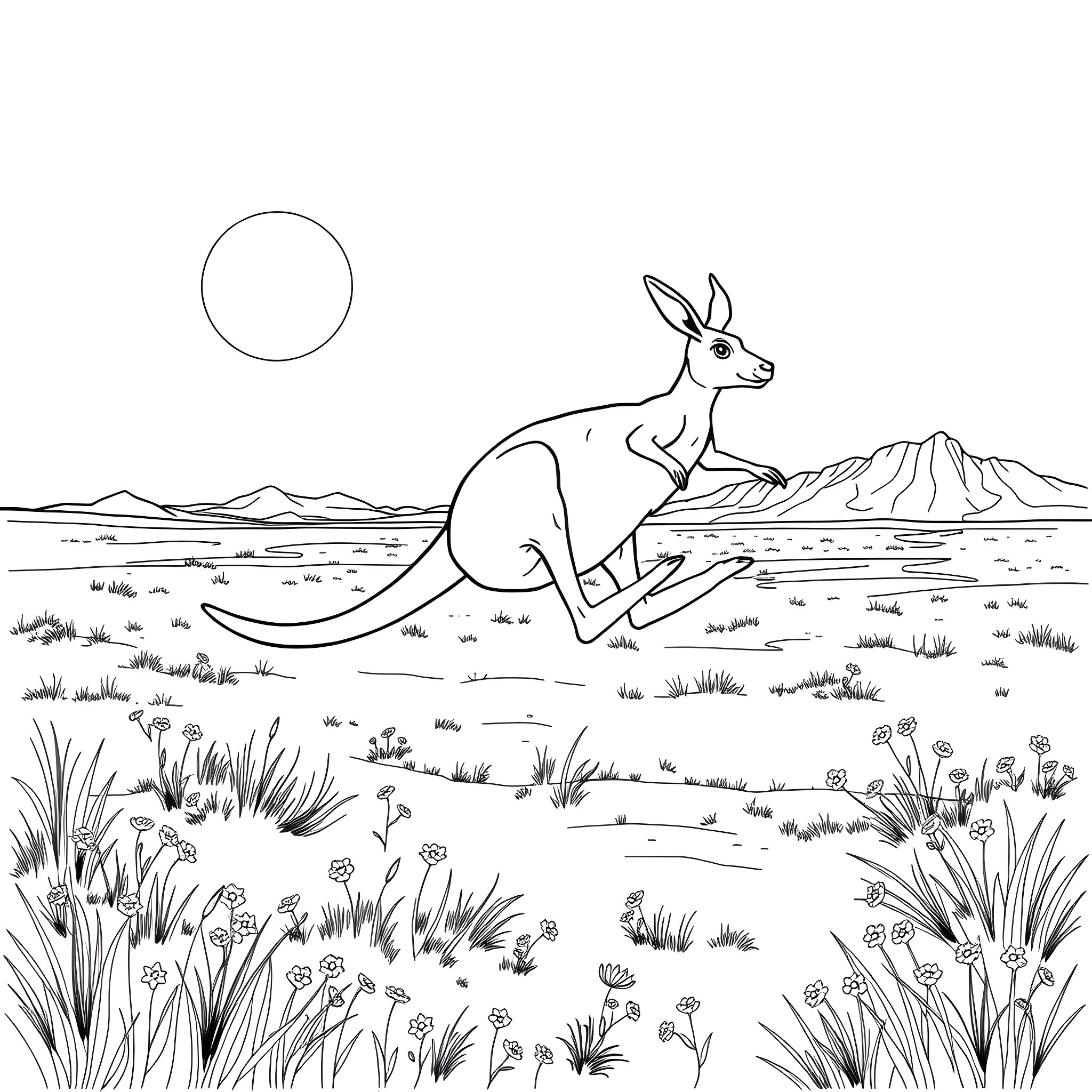 Kangaroo hopping in desert landscape Coloring Page (free black-and-white line drawing printable PDF for all, from beginners to advanced learners, including children, teens, adults, and seniors)
