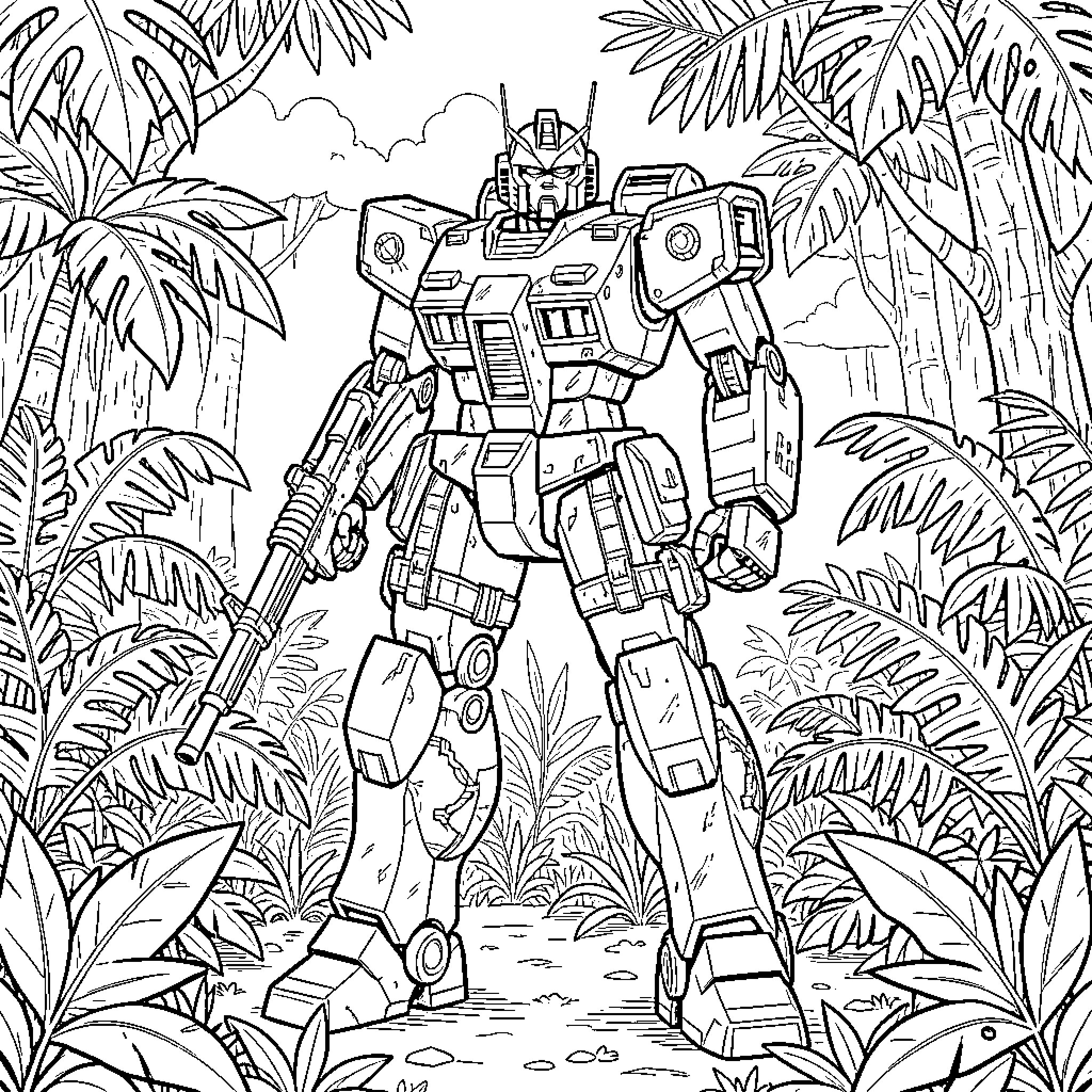 Mecha Robot standing guard in a dense jungle Coloring Page (free black-and-white line drawing printable PDF for all, from beginners to advanced learners, including children, teens, adults, and seniors)