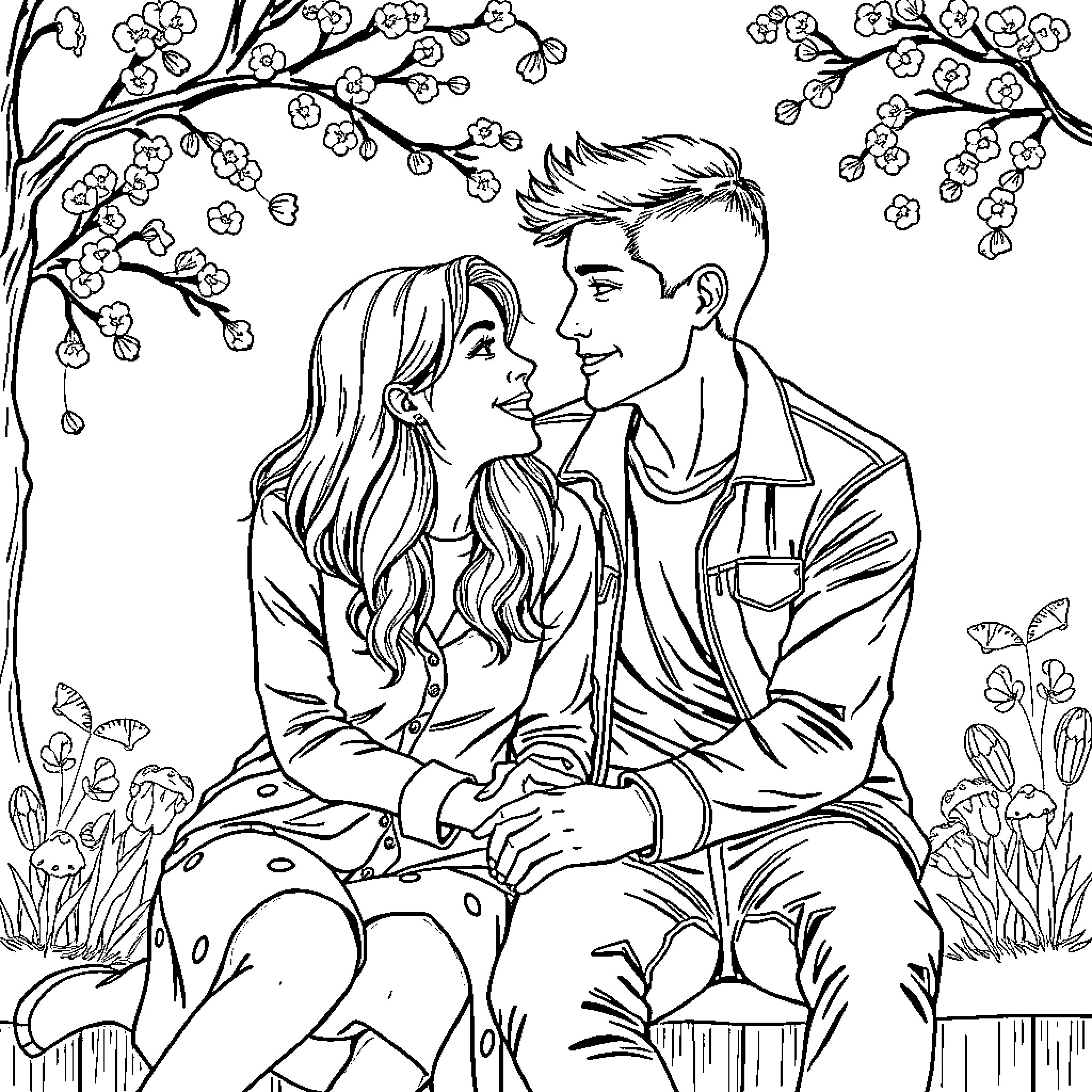 Emma and James' Romantic Spring Moment Coloring Page (free black-and-white line drawing printable PDF for all, from beginners to advanced learners, including children, teens, adults, and seniors)