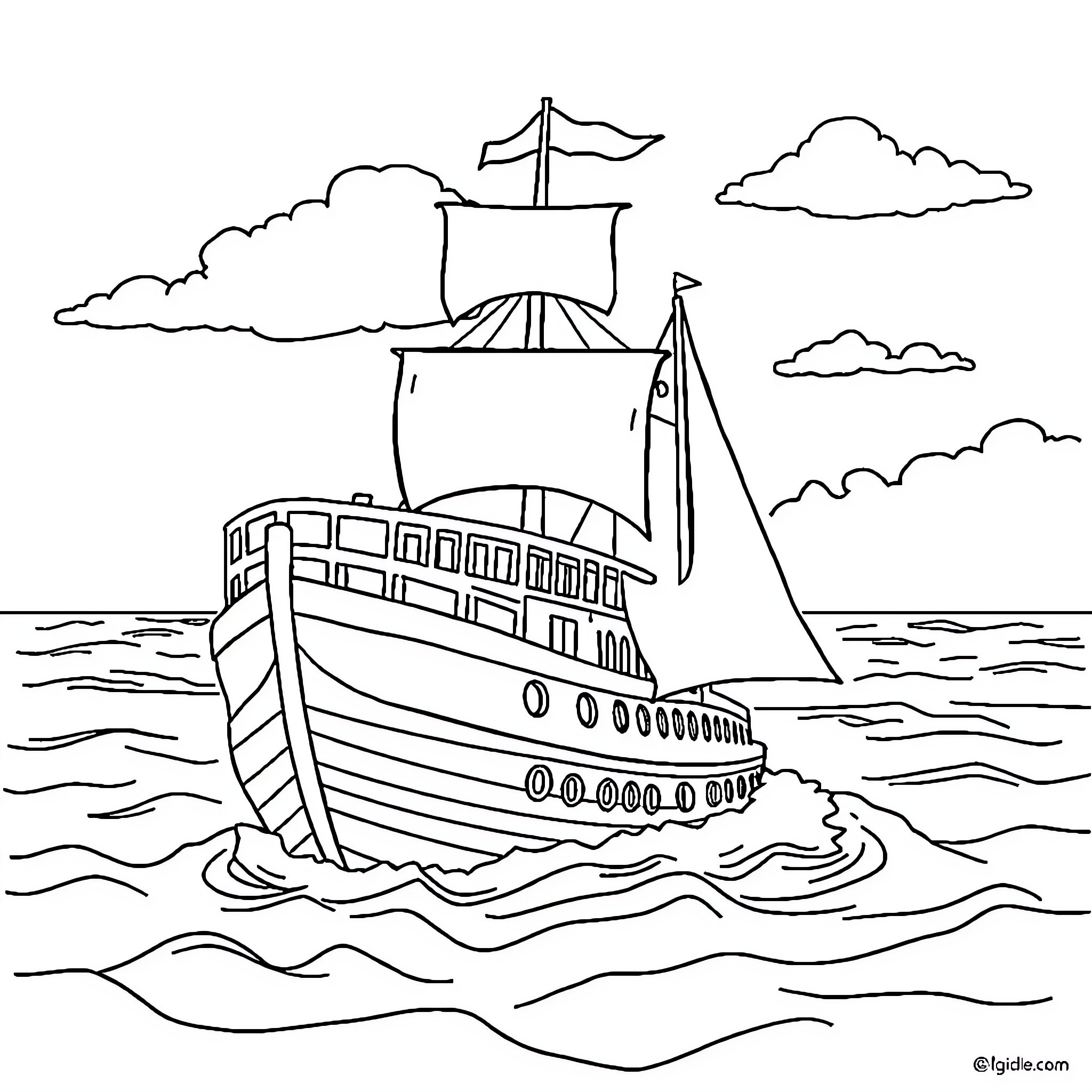 Ship sailing on the open sea Coloring Page (free black-and-white line drawing printable PDF for all, from beginners to advanced learners, including children, teens, adults, and seniors)