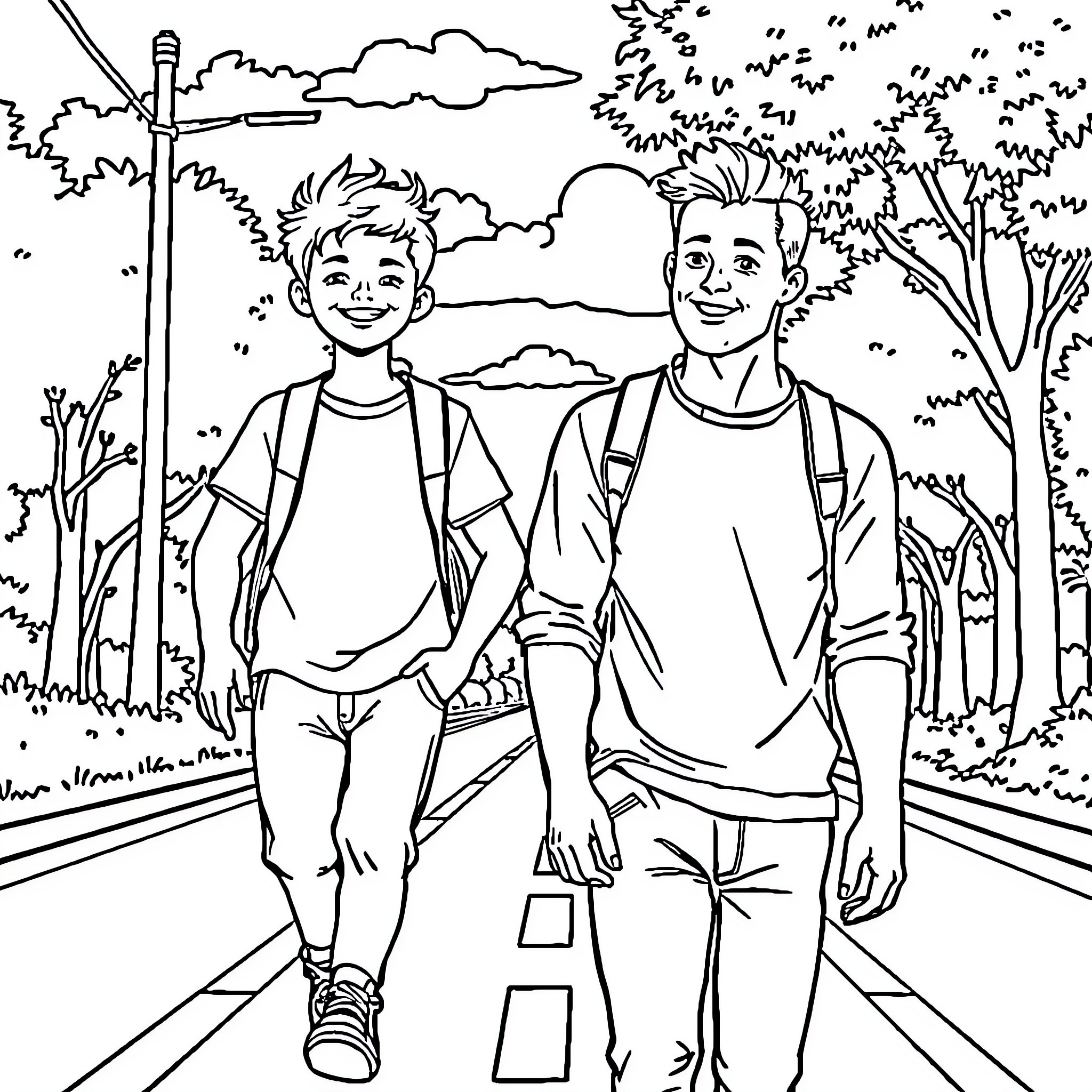 Boys walking together in the park Coloring Page (free black-and-white line drawing printable PDF for all, from beginners to advanced learners, including children, teens, adults, and seniors)