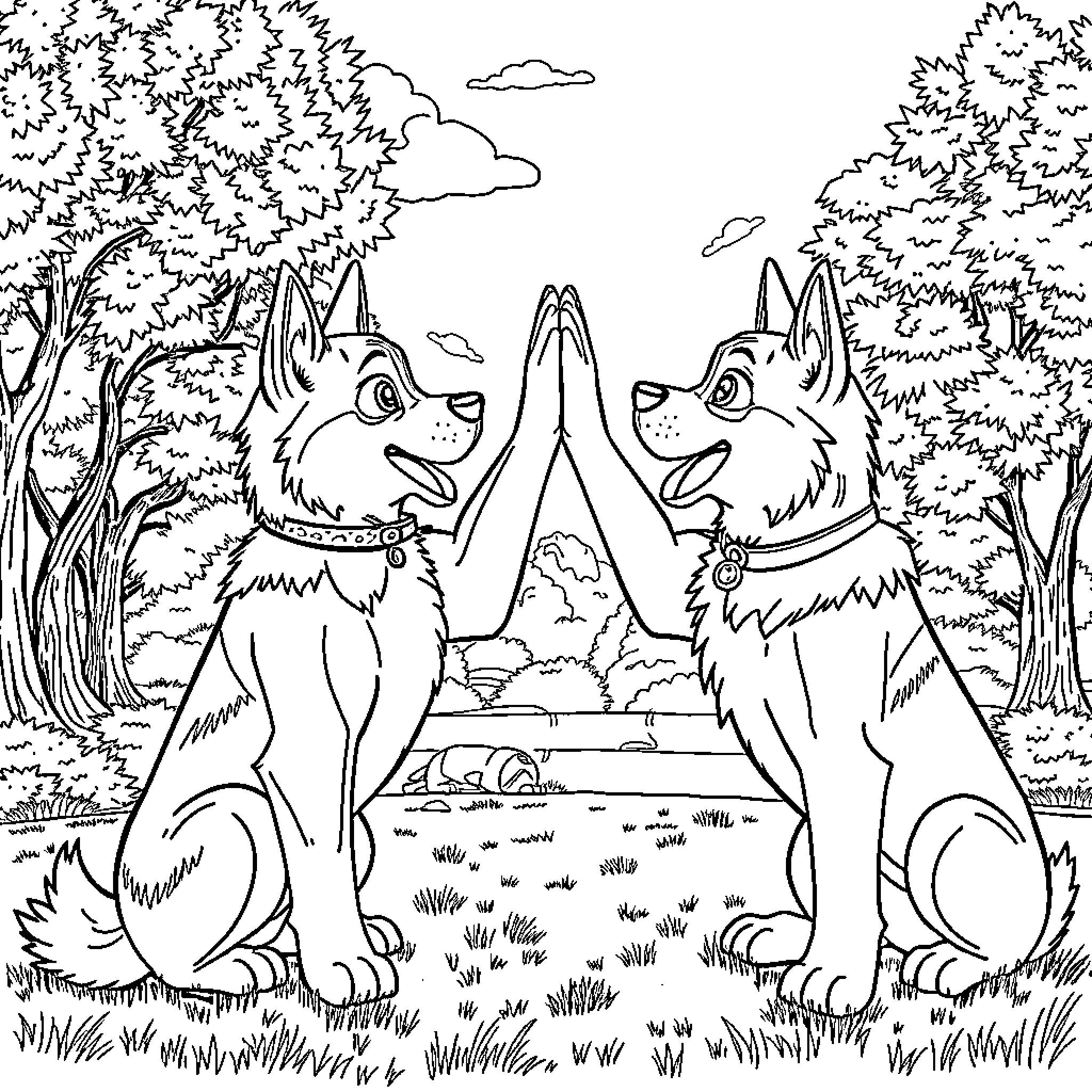 Pups playing joyfully in the forest Coloring Page (free black-and-white line drawing printable PDF for all, from beginners to advanced learners, including children, teens, adults, and seniors)