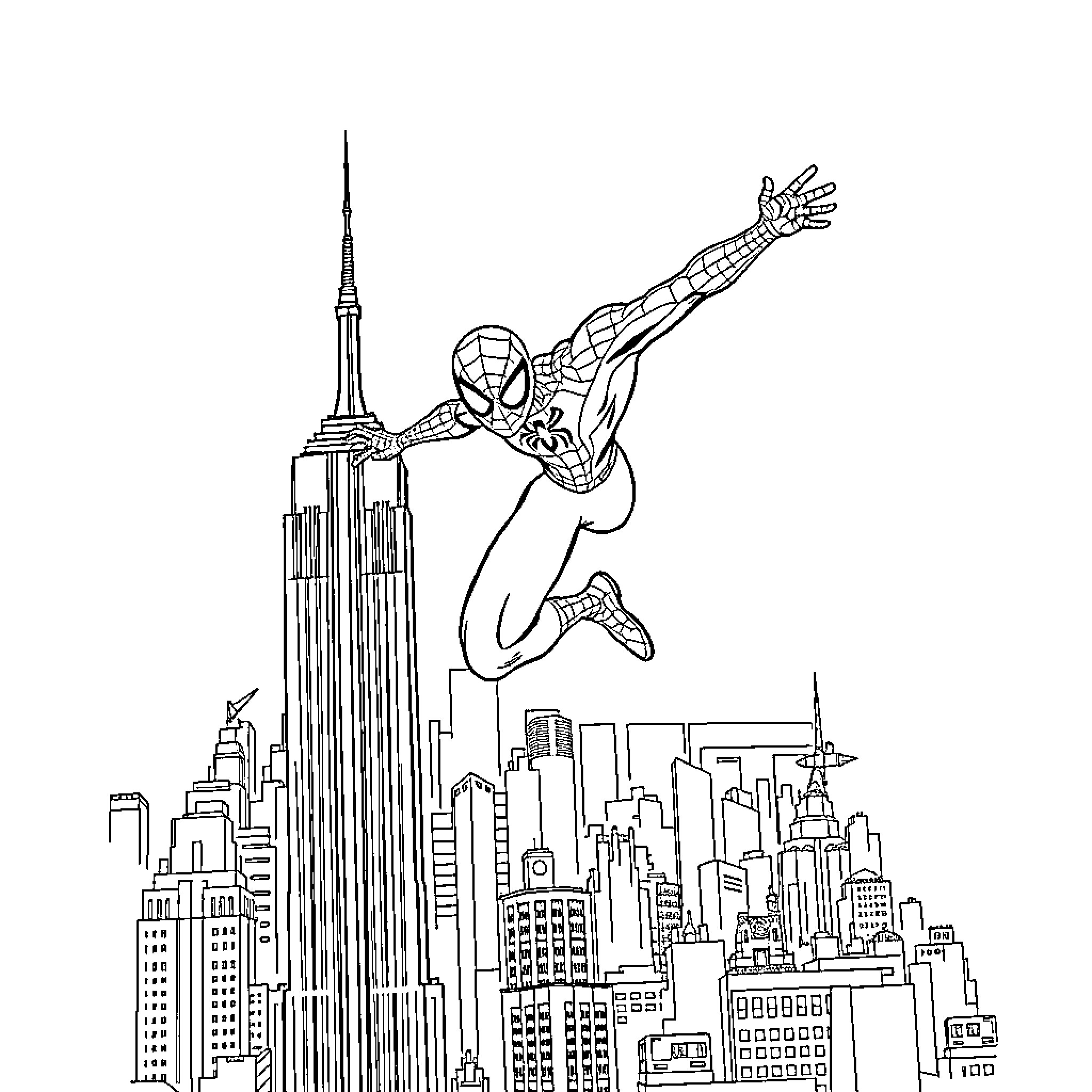 Spiderman swinging through the city skyline Coloring Page (free black-and-white line drawing printable PDF for all, from beginners to advanced learners, including children, teens, adults, and seniors)