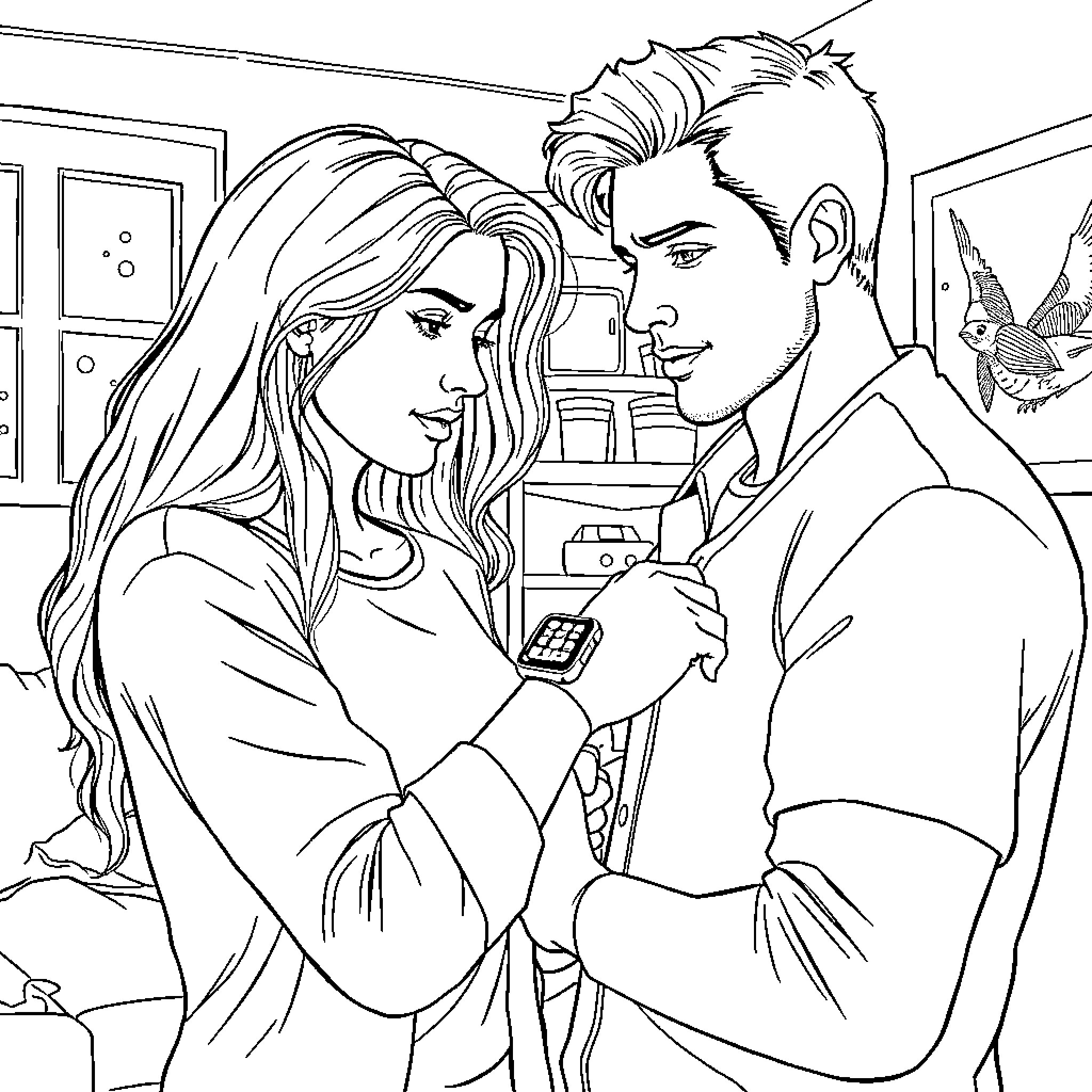 Girlfriend Shares Affectionate Moment with Boyfriend Coloring Page (free black-and-white line drawing printable PDF for all, from beginners to advanced learners, including children, teens, adults, and seniors)