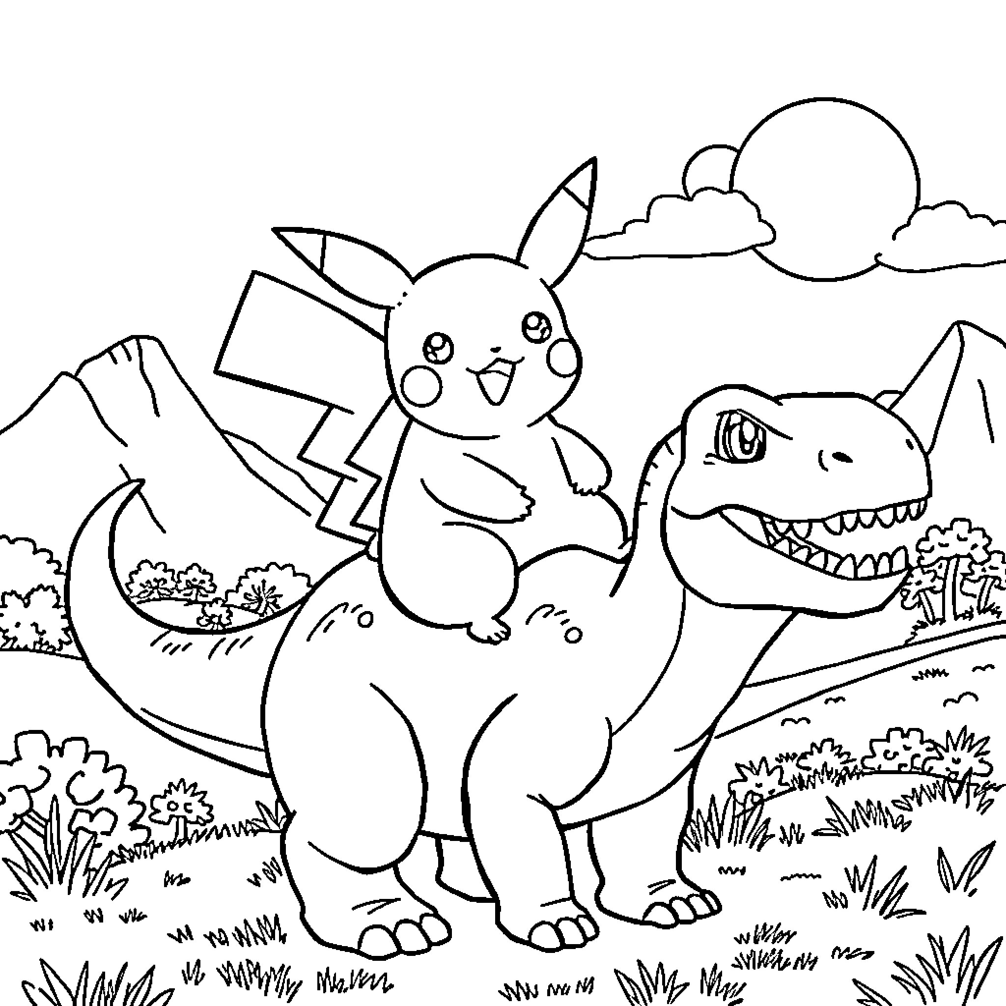 Pikachu riding a Tyrannosaurus Rex in a scenic landscape Coloring Page (free black-and-white line drawing printable PDF for all, from beginners to advanced learners, including children, teens, adults, and seniors)