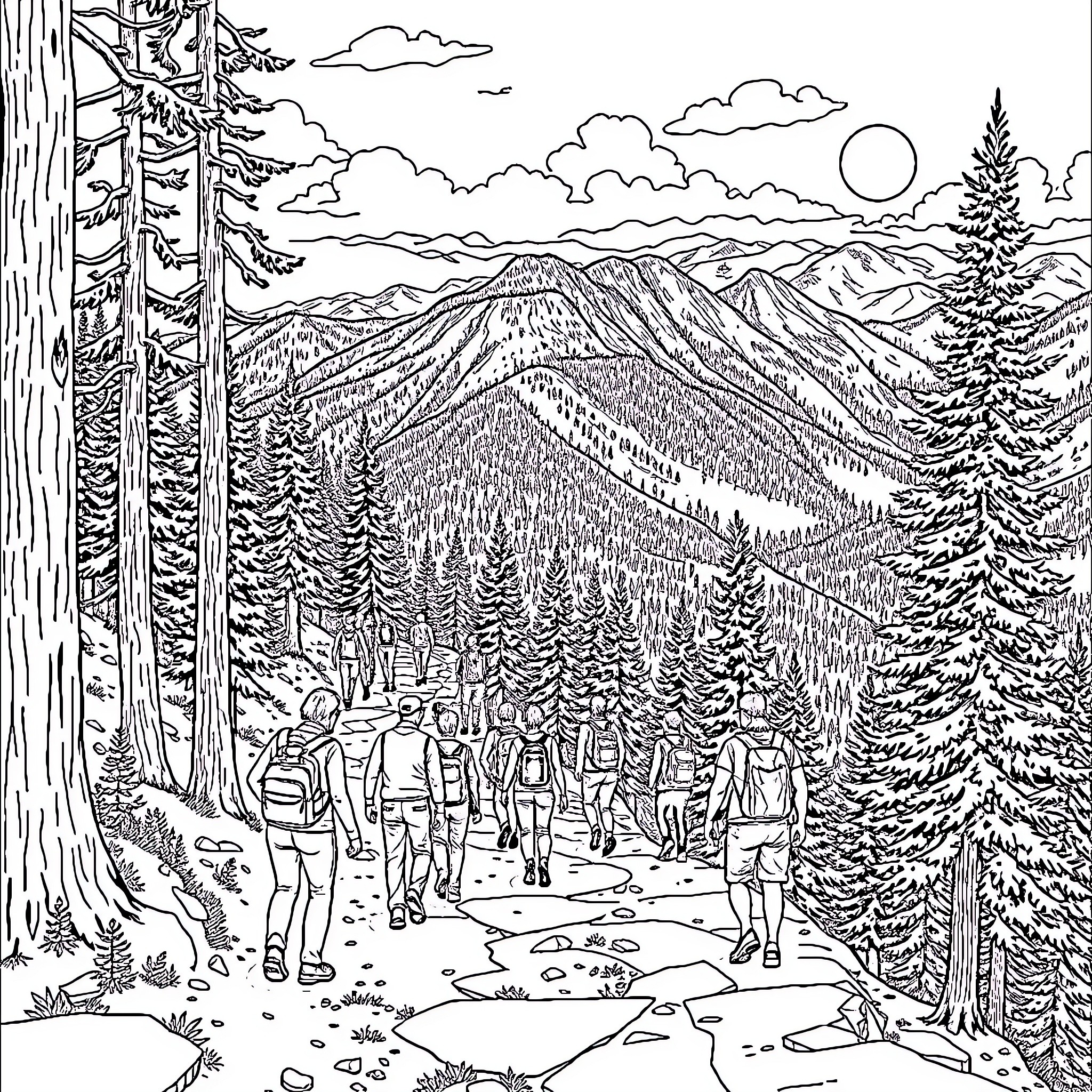 Manitou Incline hikers enjoying scenic mountain views Coloring Page (free black-and-white line drawing printable PDF for all, from beginners to advanced learners, including children, teens, adults, and seniors)