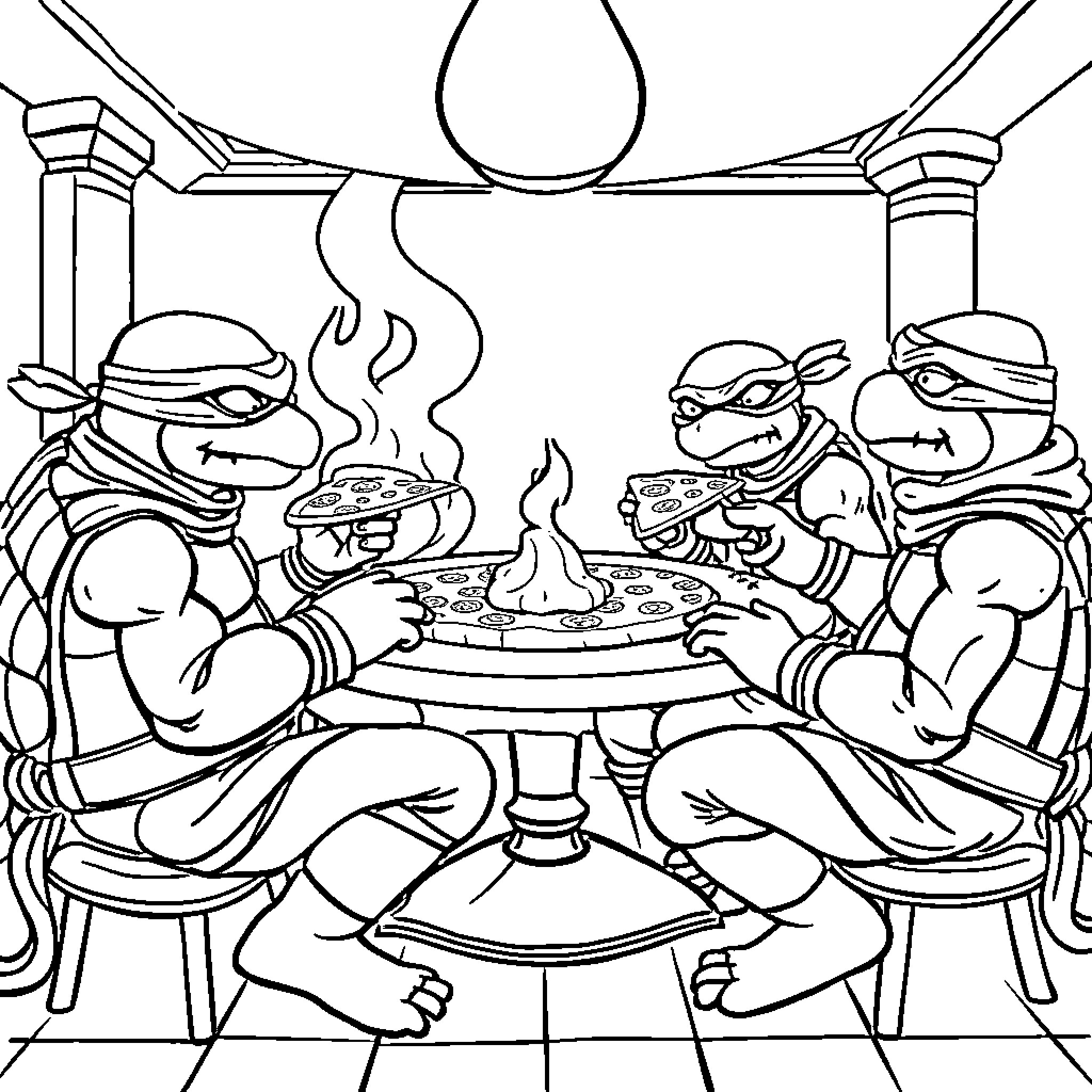 Ninja Turtles enjoying a pizza dinner together Coloring Page (free black-and-white line drawing printable PDF for all, from beginners to advanced learners, including children, teens, adults, and seniors)