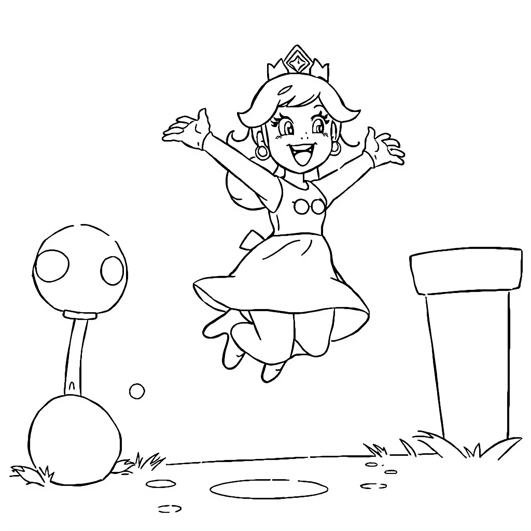 Princess Jumping for Joy in Whimsical Scene Coloring Page (free black-and-white line drawing printable PDF for all, from beginners to advanced learners, including children, teens, adults, and seniors)