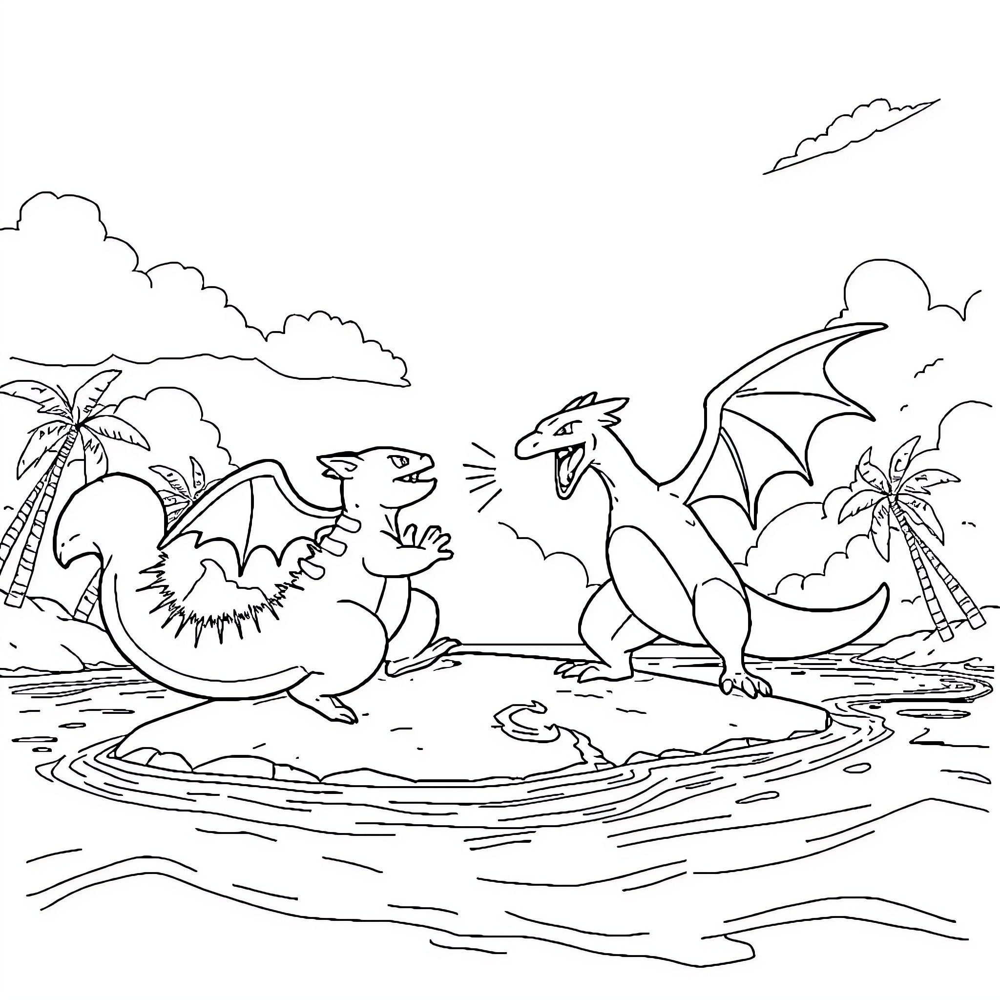 Squirrel dragons playing in the tropics Coloring Page (free black-and-white line drawing printable PDF for all, from beginners to advanced learners, including children, teens, adults, and seniors)