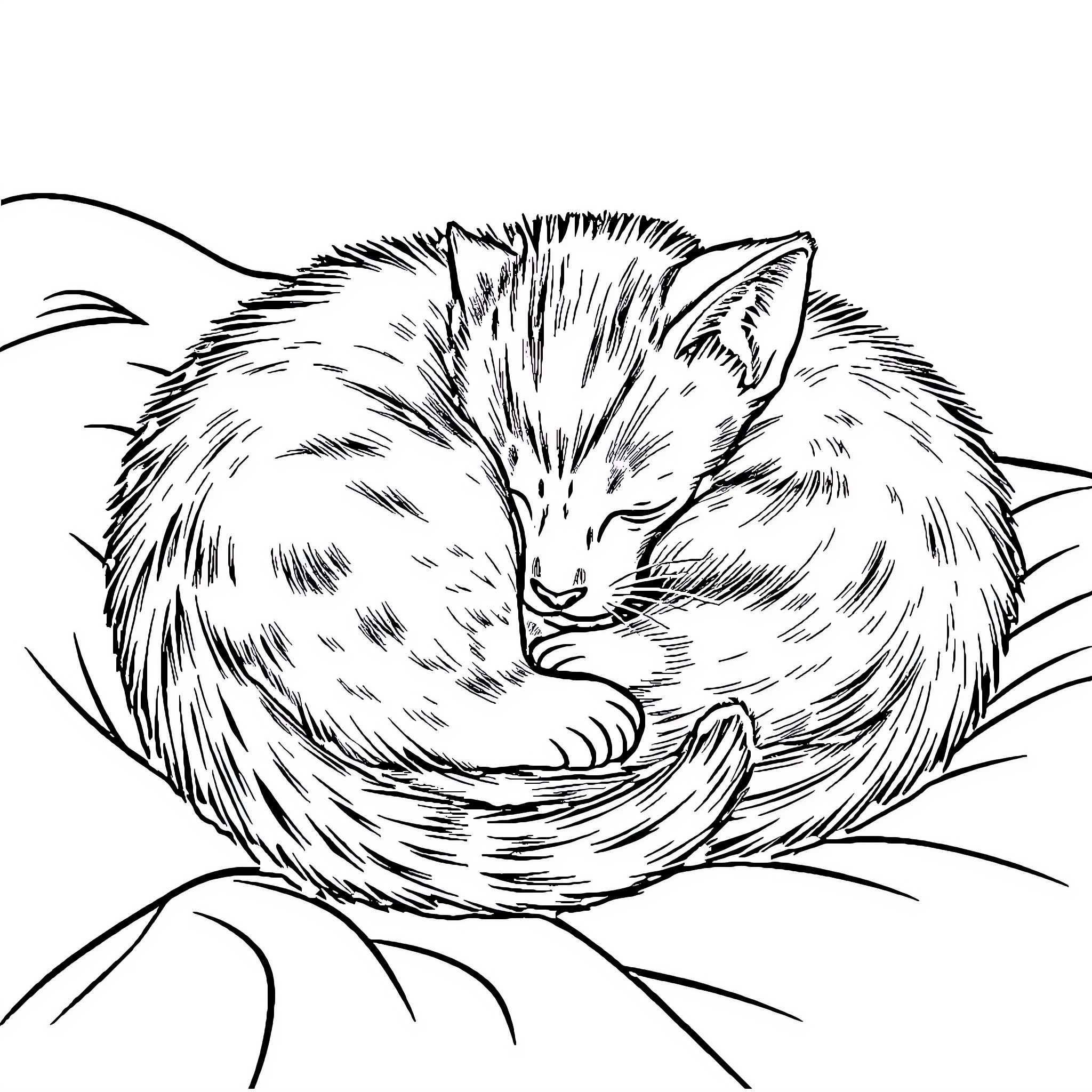 Cat curled up in cozy nest Coloring Page (free black-and-white line drawing printable PDF for all, from beginners to advanced learners, including children, teens, adults, and seniors)