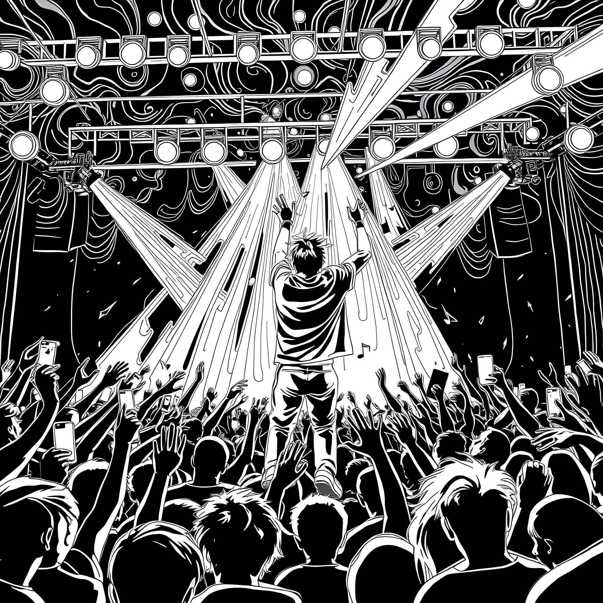 Juiceworld: Performer on Stage Amidst Cheering Crowd Coloring Page (free black-and-white line drawing printable PDF for all, from beginners to advanced learners, including children, teens, adults, and seniors)