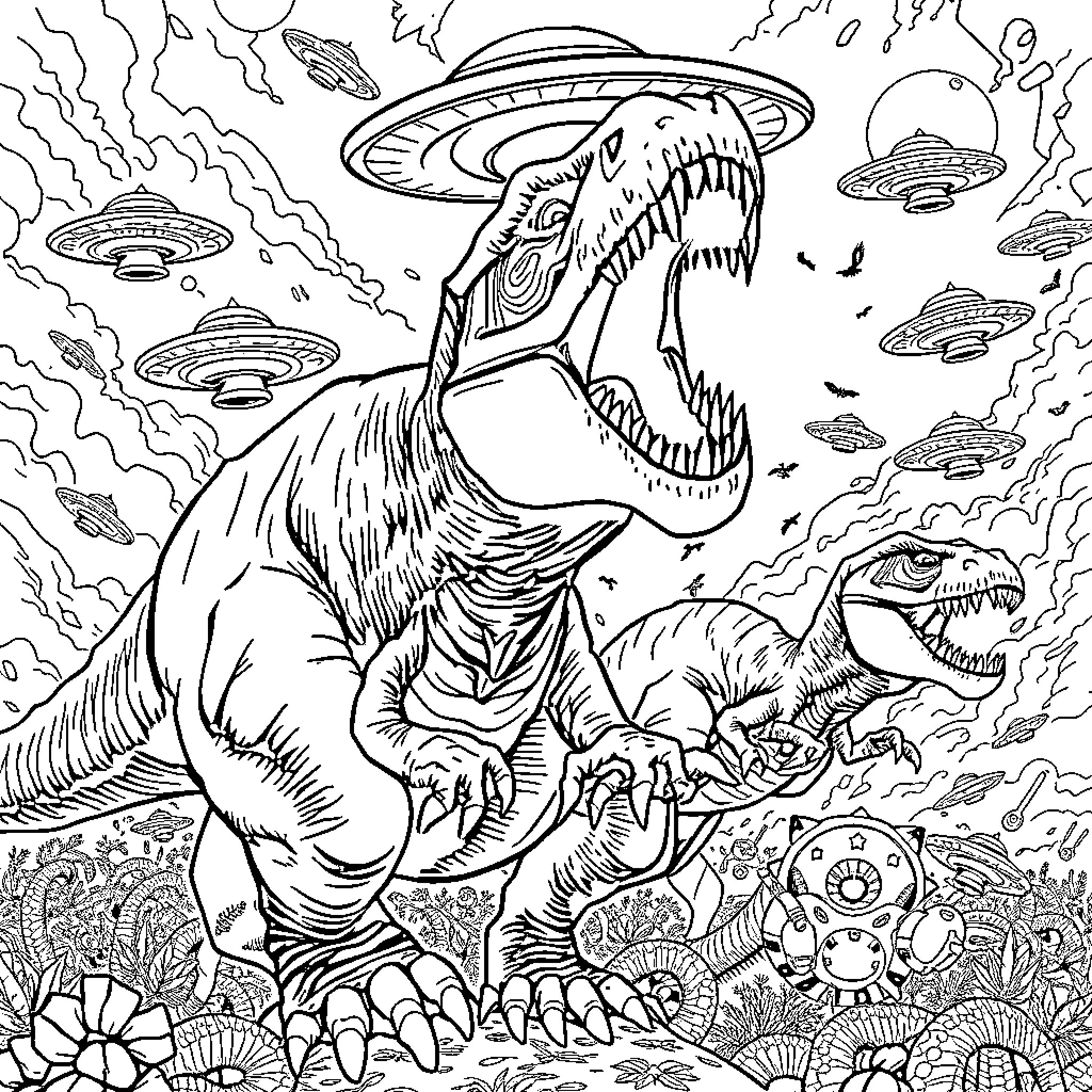 Dinosaur encounter with UFOs in a prehistoric landscape Coloring Page (free black-and-white line drawing printable PDF for all, from beginners to advanced learners, including children, teens, adults, and seniors)