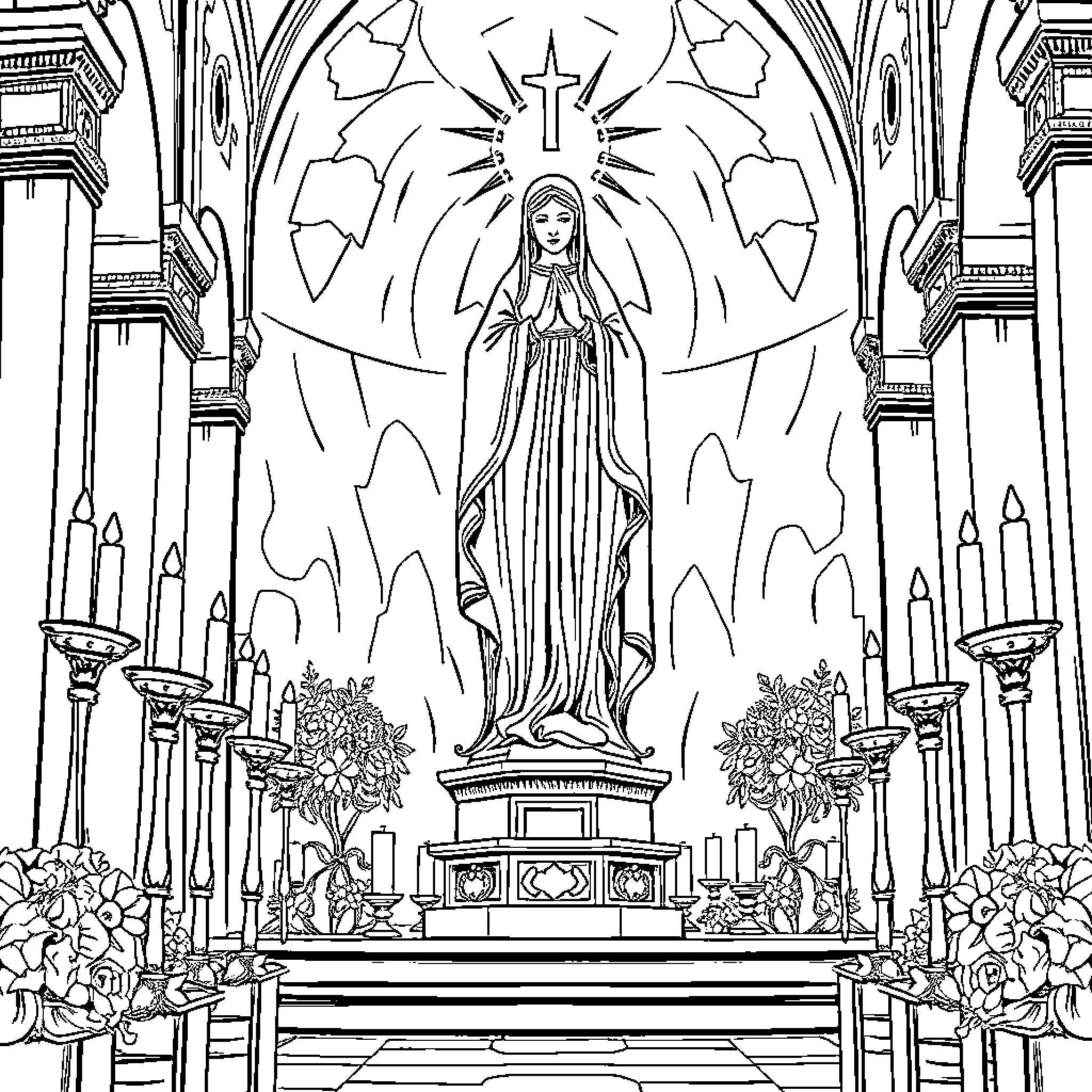 Virgin's Holy Solemnity in Ornate Church Coloring Page (free black-and-white line drawing printable PDF for all, from beginners to advanced learners, including children, teens, adults, and seniors)