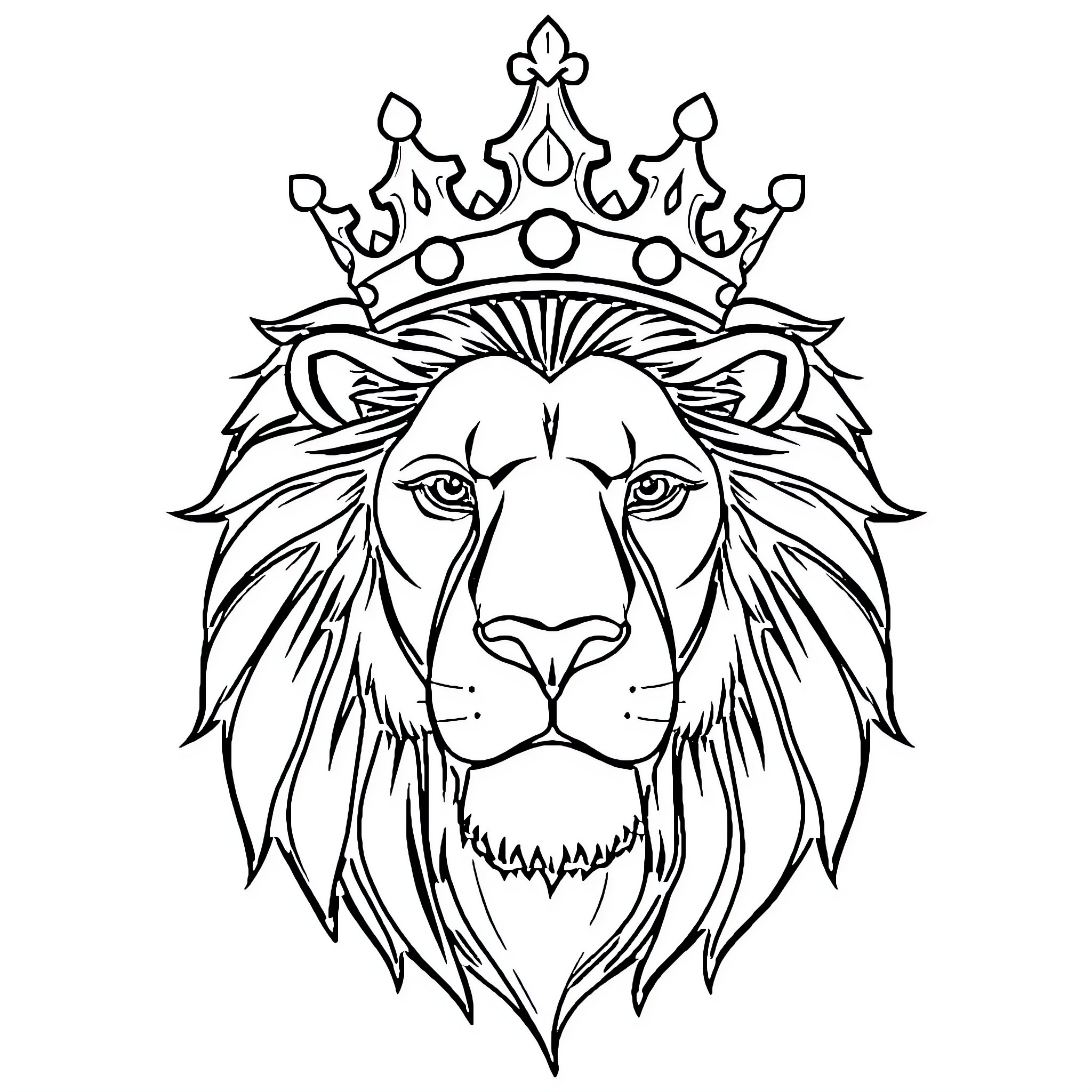 Lion with majestic crown and regal expression Coloring Page (free black-and-white line drawing printable PDF for all, from beginners to advanced learners, including children, teens, adults, and seniors)